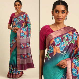 Turquoise Digital Printed Cotton Blend Saree With Woven Border