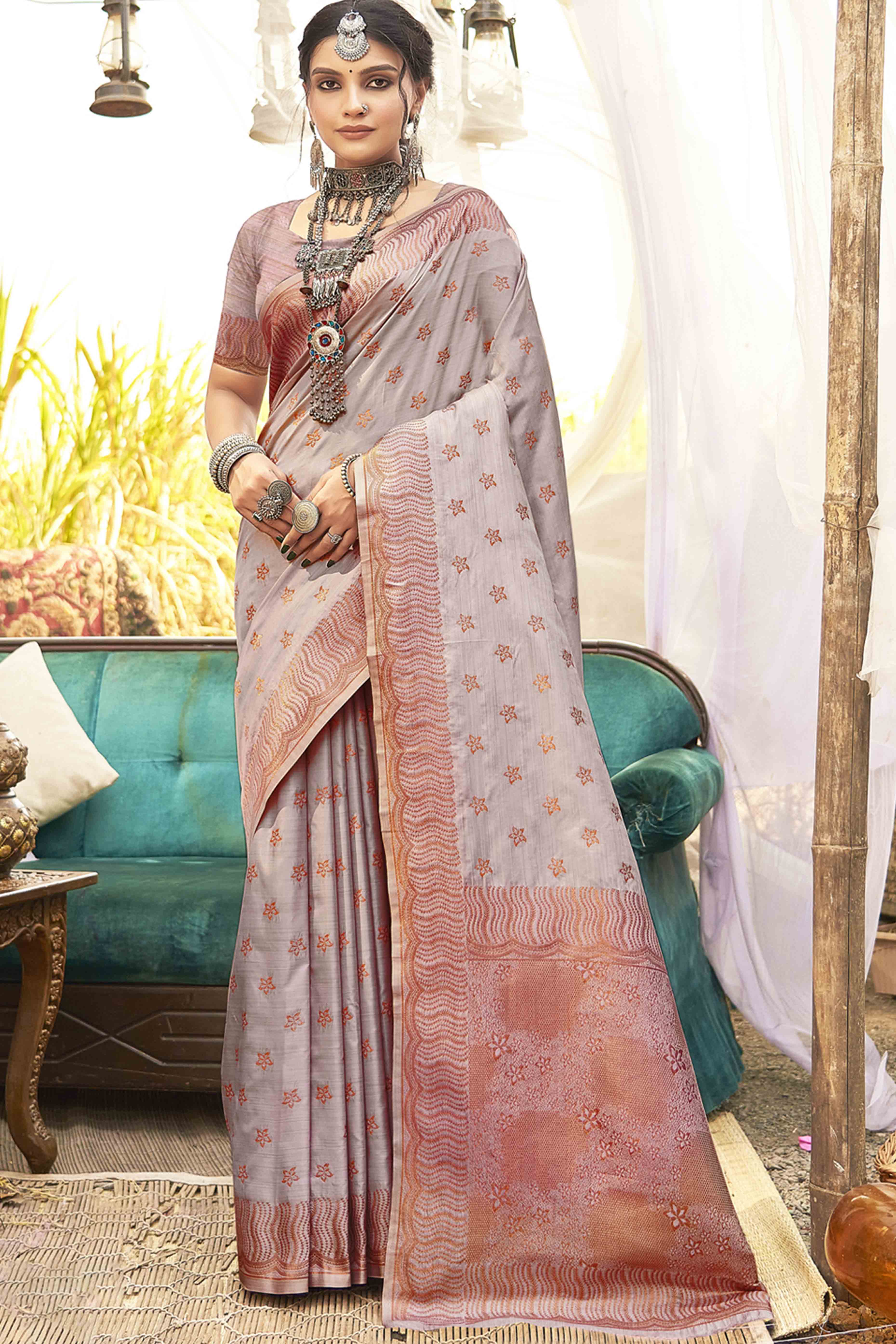 Dusty Grey Banarasi Silk Saree With Intricate Zari Woven Work