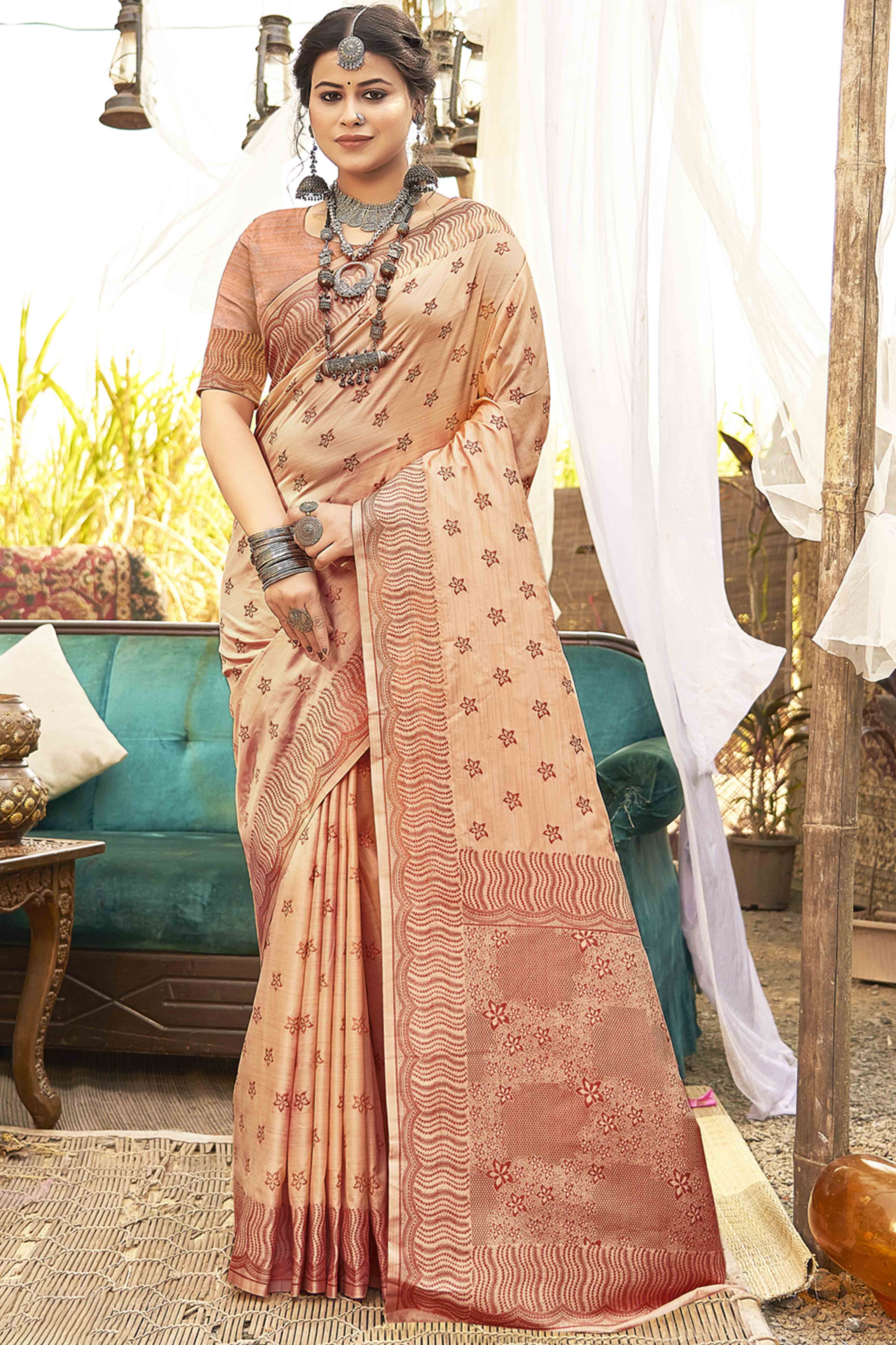 Peach Banarasi Silk Saree With Intricate Zari Woven Work