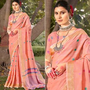 Peach Woven Cotton Blend Saree With Tassels