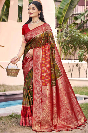 Green & Red Woven Cotton Silk Saree With Tassels