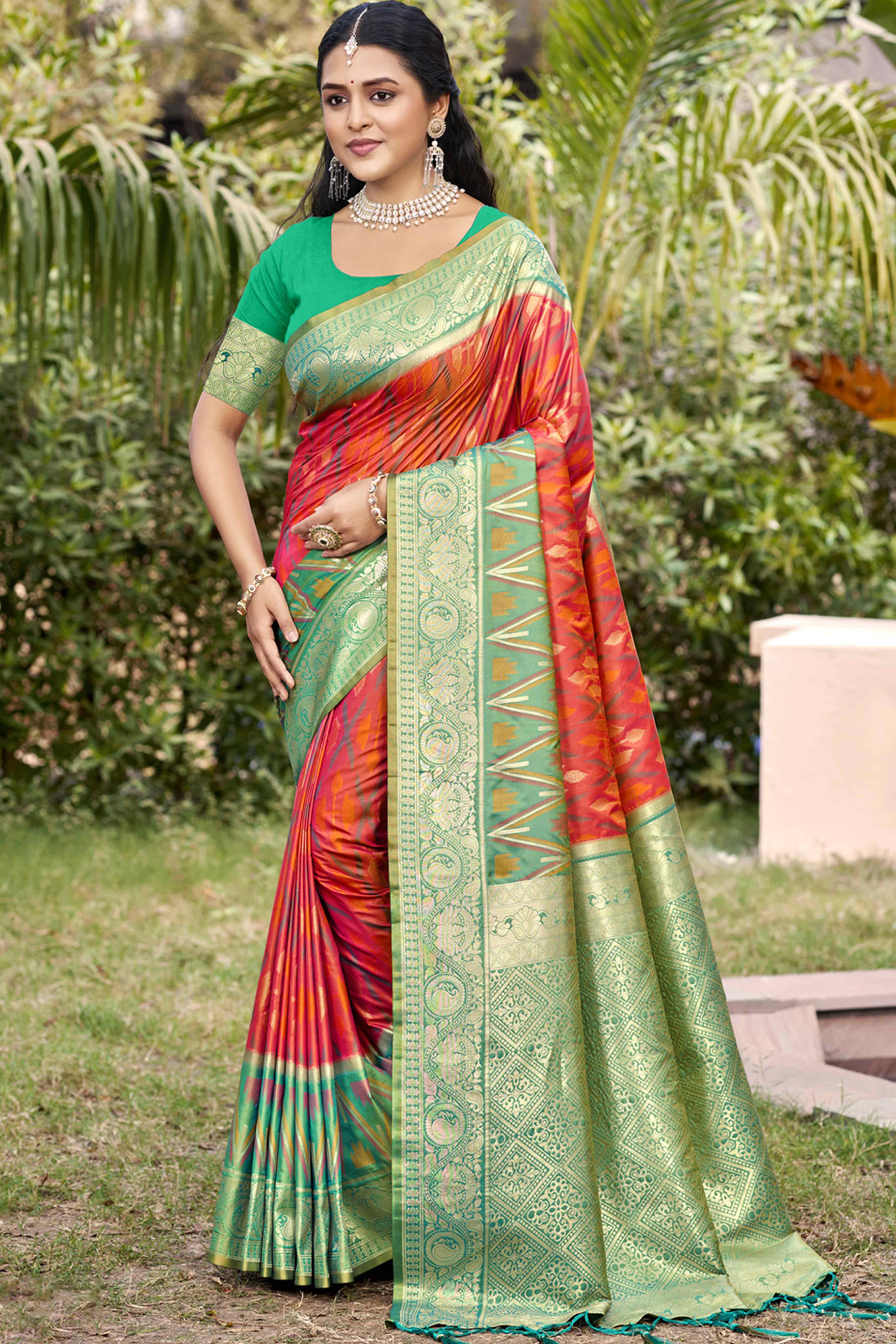 Salmon Pink & Rama Woven Cotton Silk Saree With Tassels