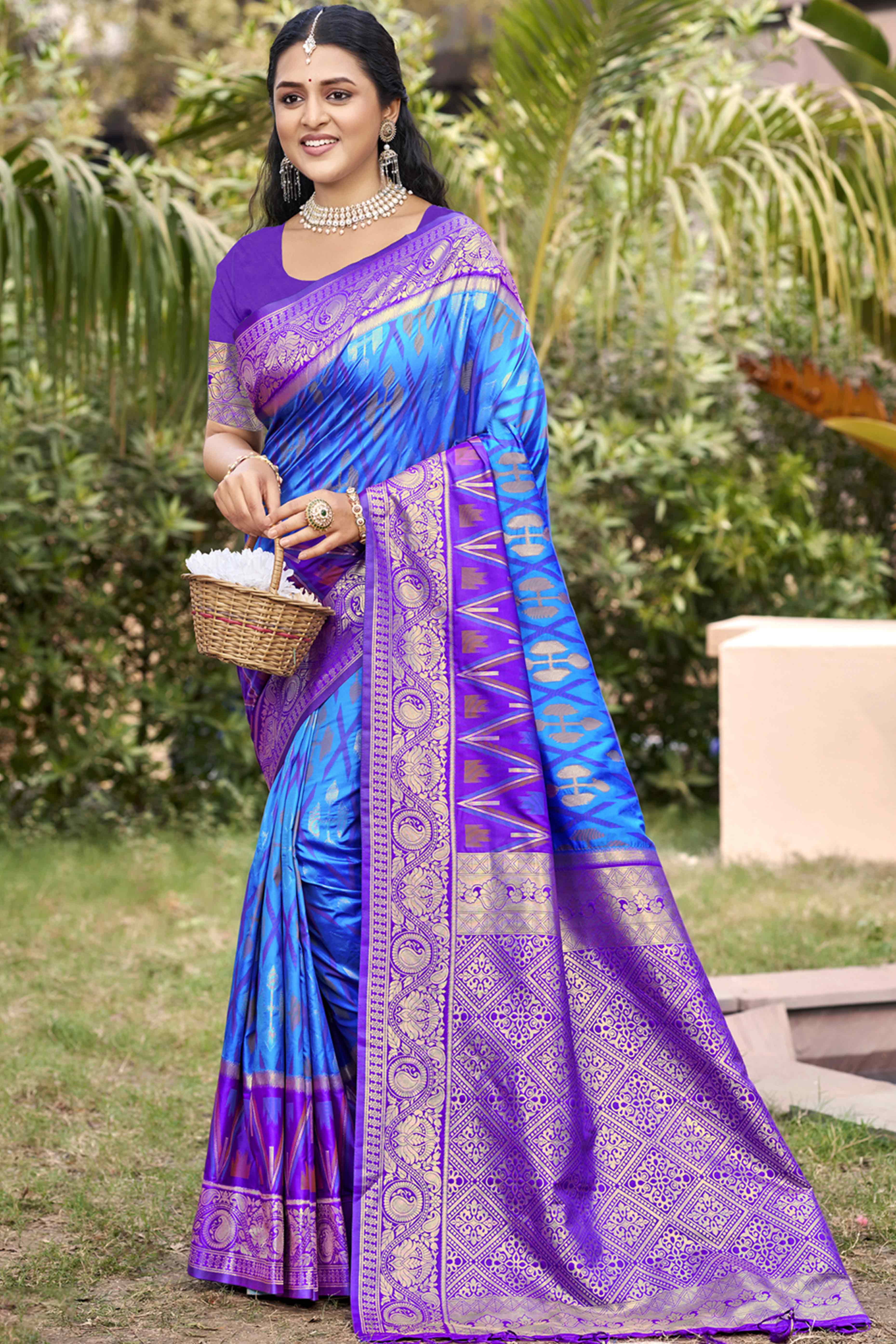 Blue & Purple Woven Cotton Silk Saree With Tassels