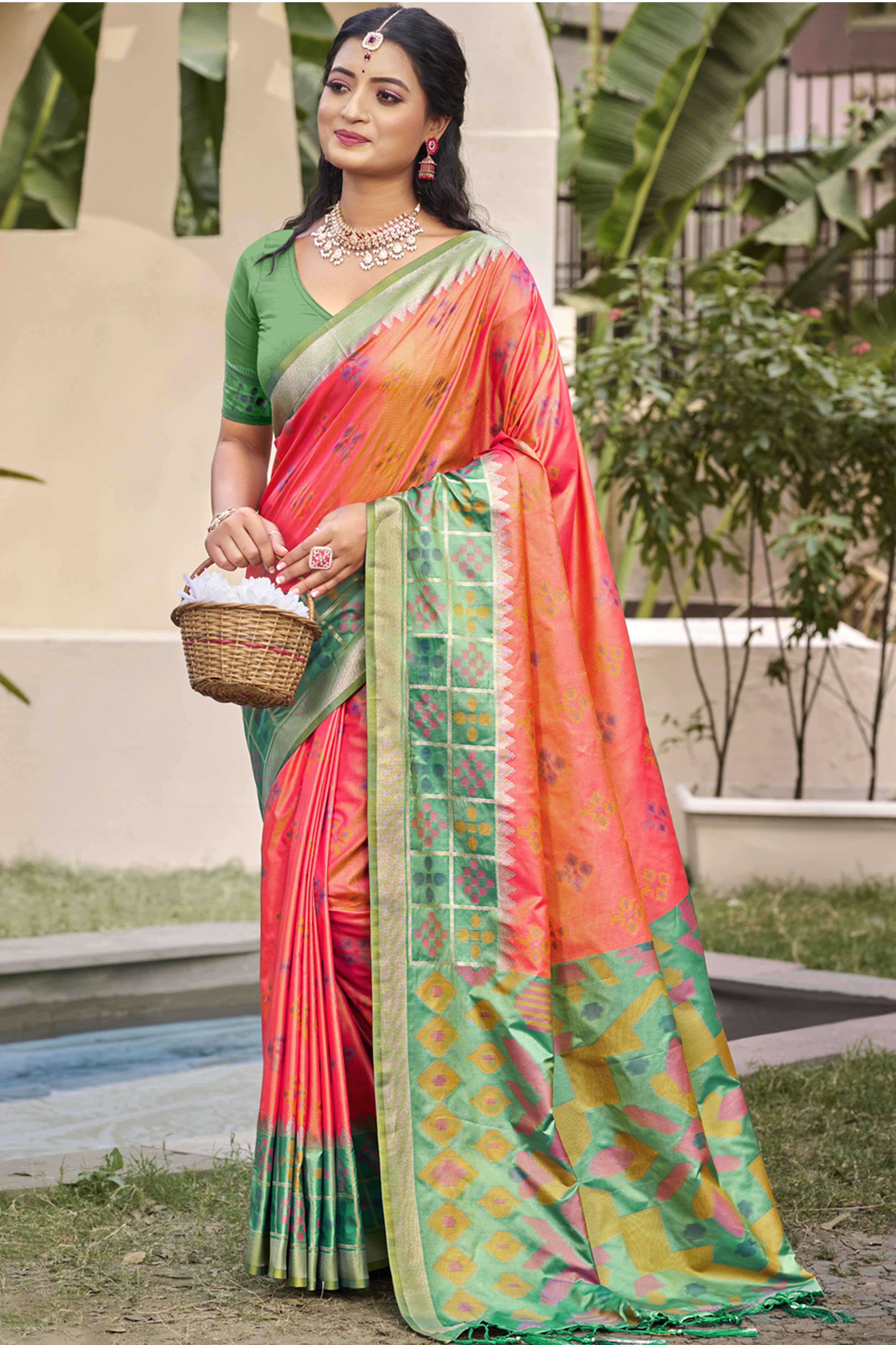 Salmon Pink Woven Cotton Silk Saree With Tassels