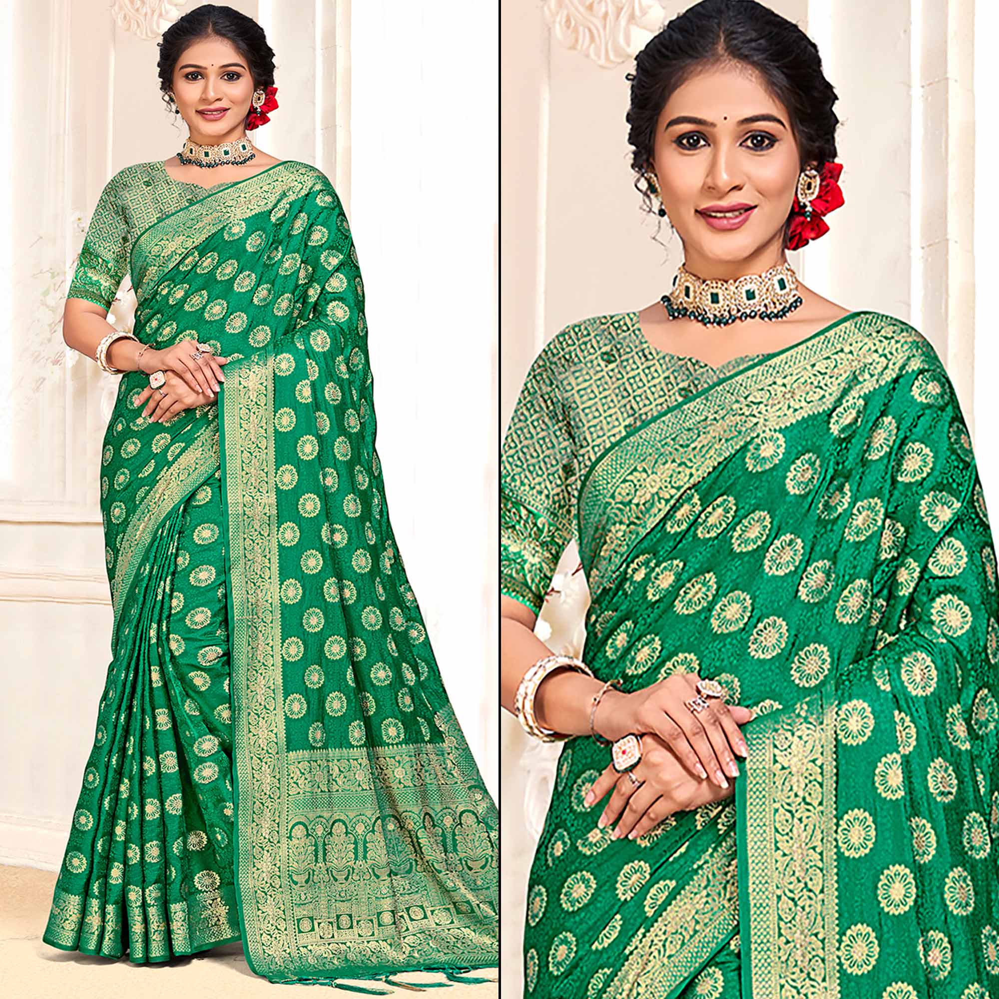 Green Floral Woven Cotton Silk Saree With Tassels