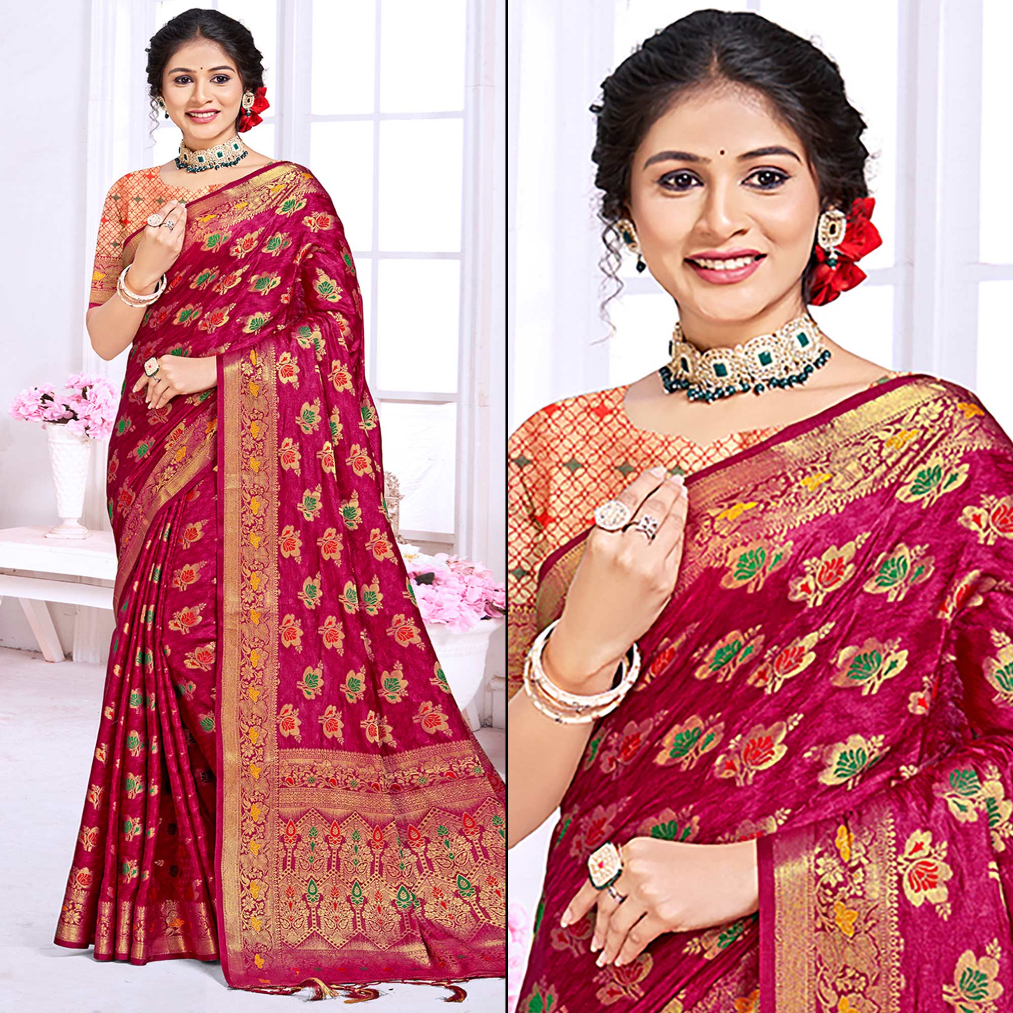Pink Floral Woven Cotton Silk Saree With Tassels