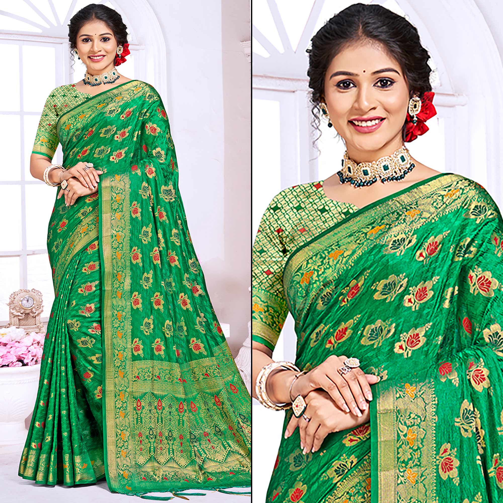 Green Floral Woven Cotton Silk Saree With Tassels