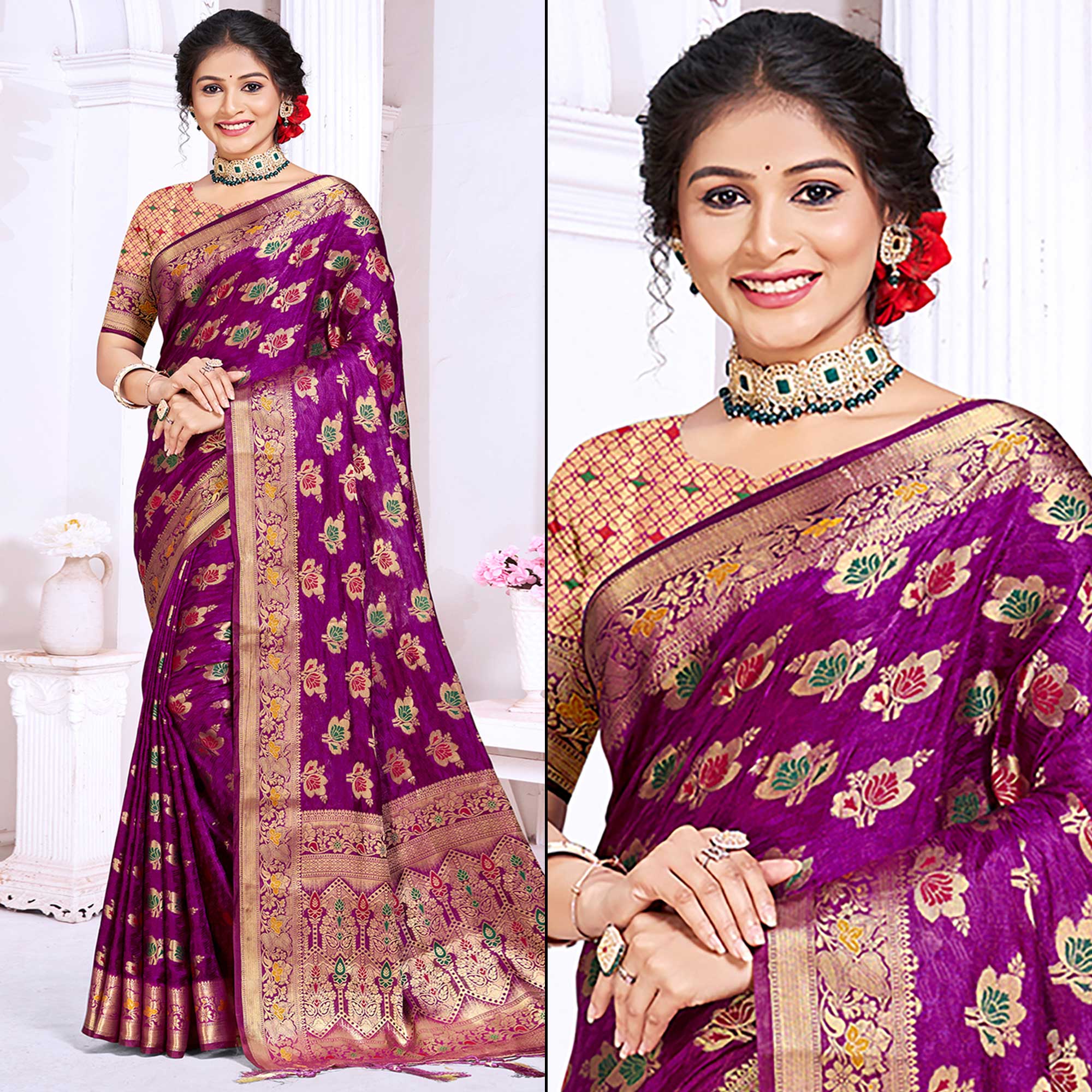 Purple Floral Woven Cotton Silk Saree With Tassels