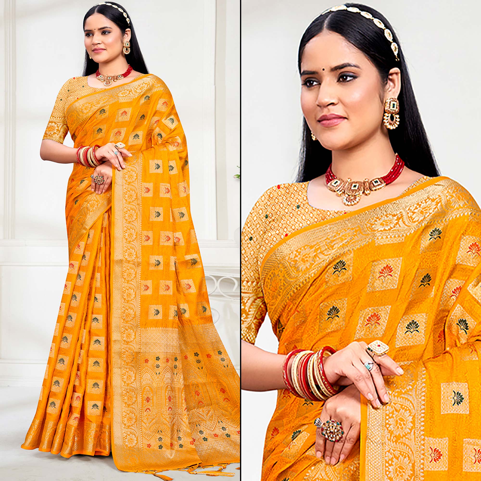 Mustard Floral Woven Cotton Silk Saree With Tassels