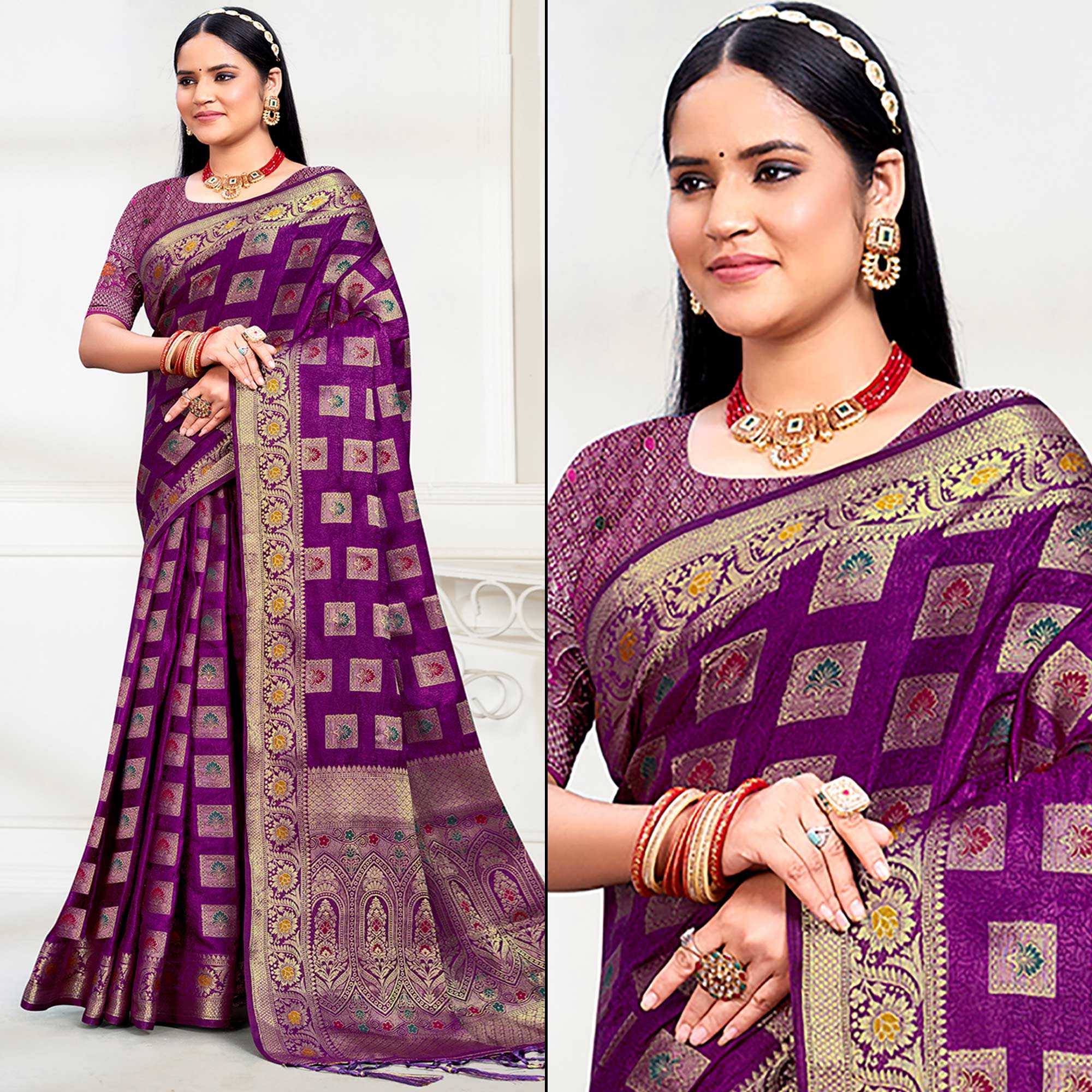 Purple Floral Woven Cotton Silk Saree With Tassels