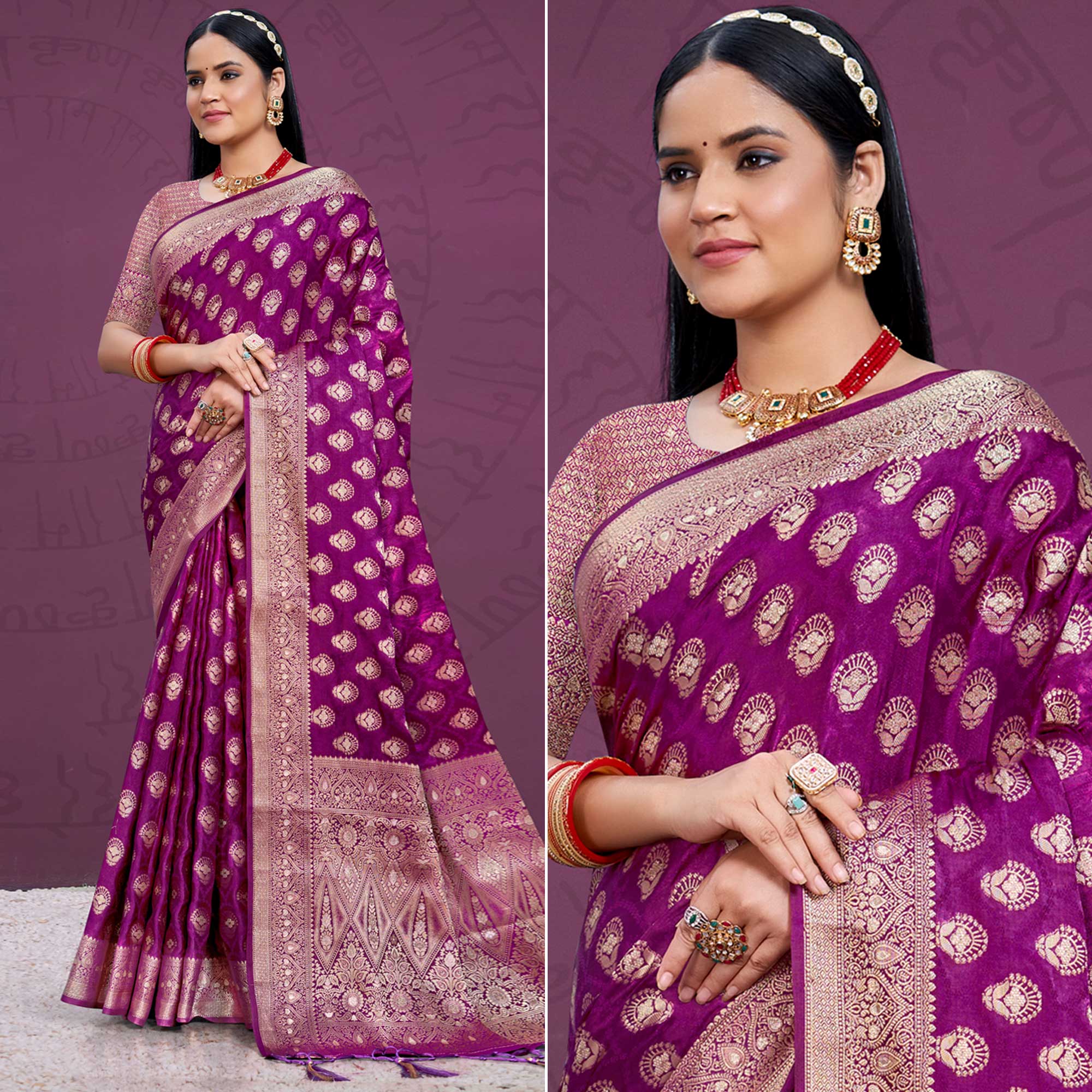 Purple Floral Woven Cotton Silk Saree With Tassels