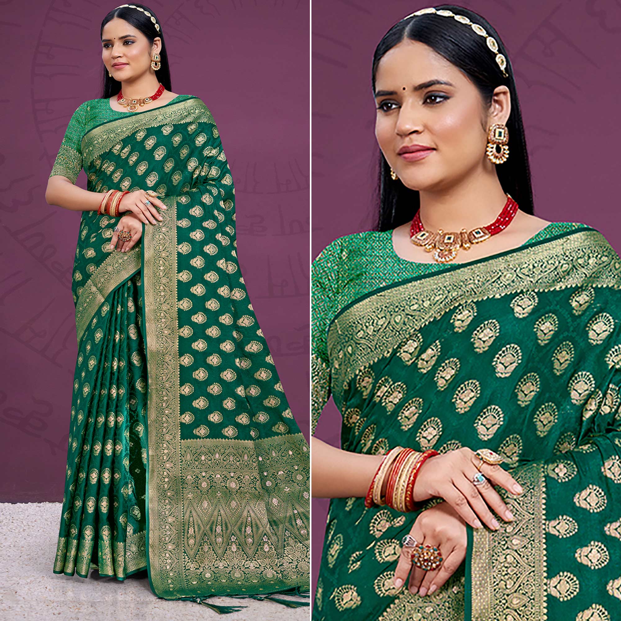 Green Floral Woven Cotton Silk Saree With Tassels