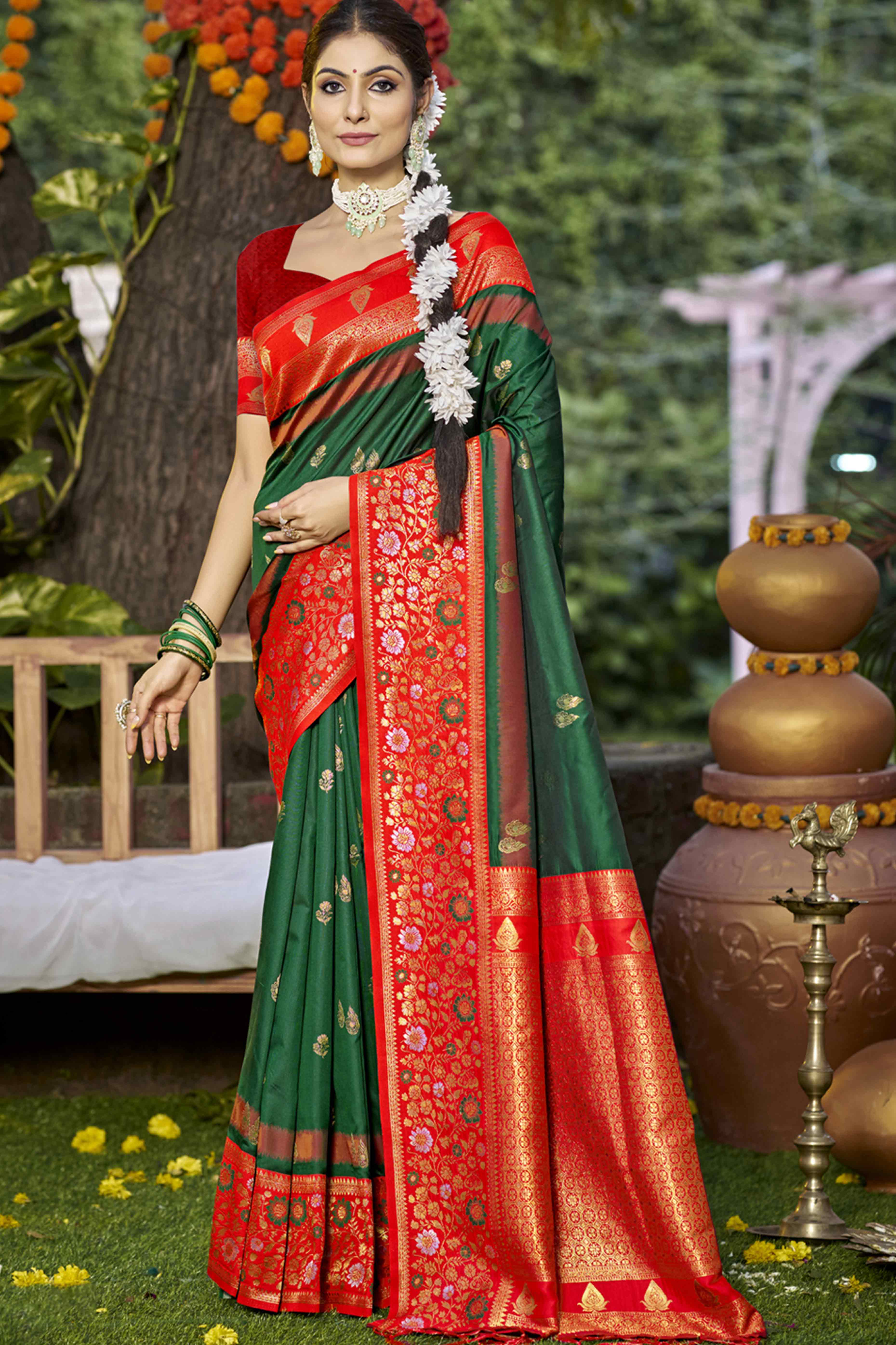 Green Floral Woven Banarasi Silk Saree With Tassels