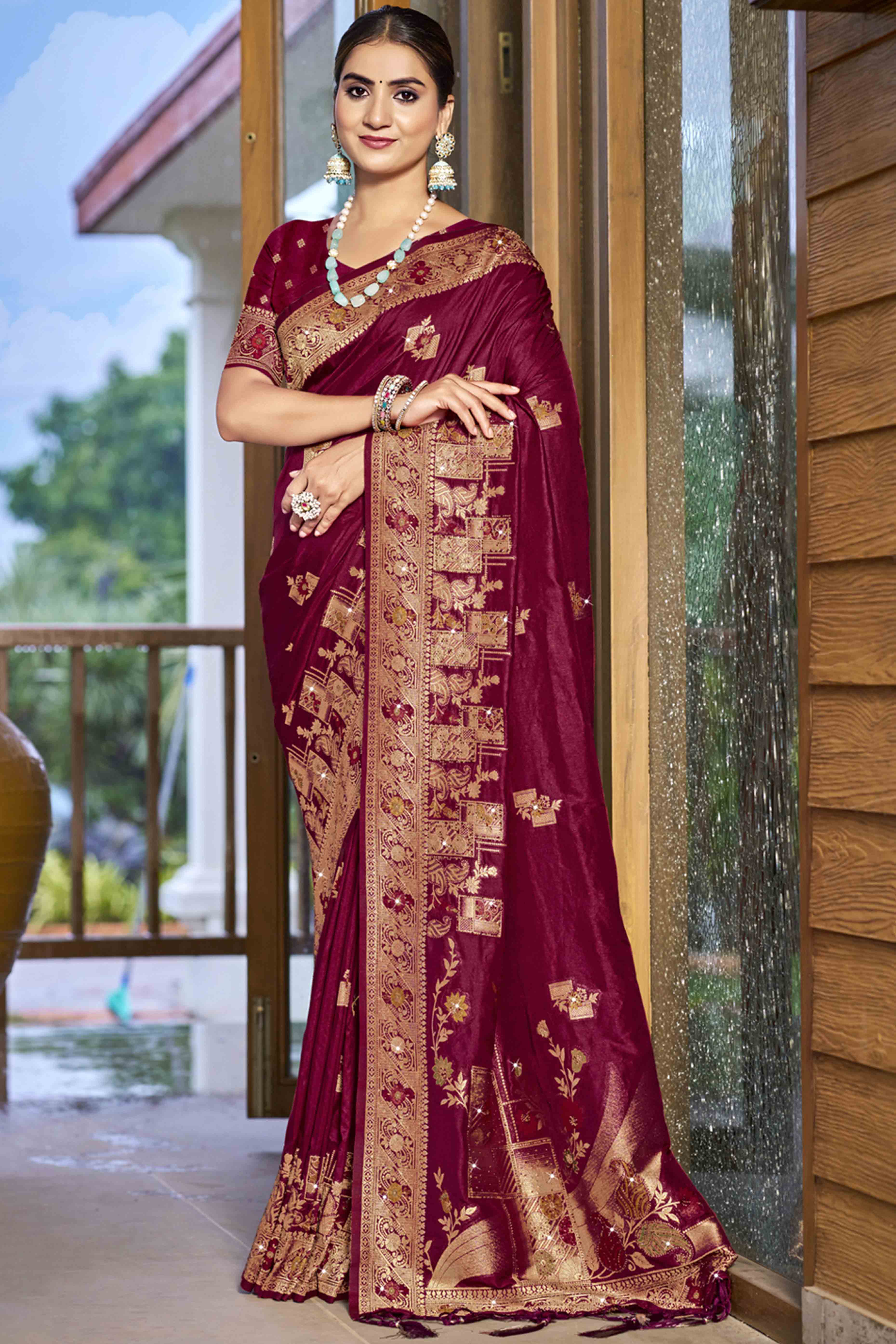 Wine Stone Work Weaving Satin Silk Saree