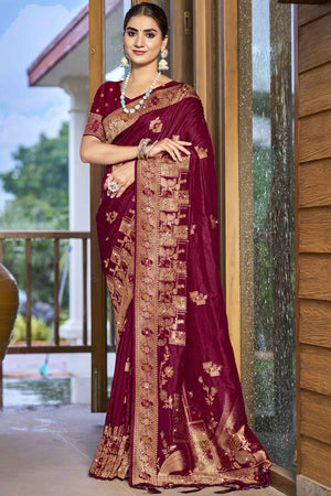 Wine Stone Work Weaving Satin Silk Saree