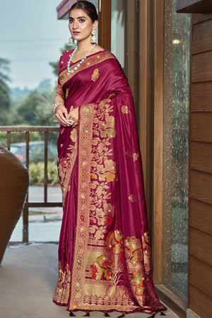 Dark Magenta Floral Woven With Swarovski Work Pure Silk Saree With Tassels