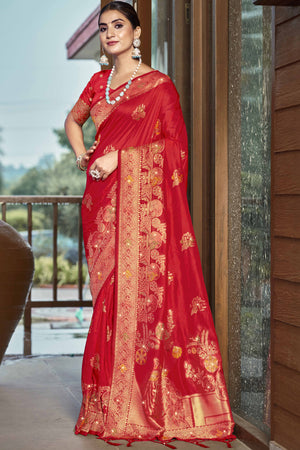 Red Floral Woven With Swarovski Work Pure Silk Saree With Tassels