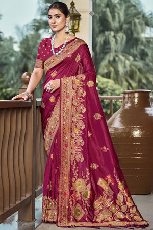 Dark Magenta Floral Woven With Swarovski Work Pure Silk Saree With Tassels