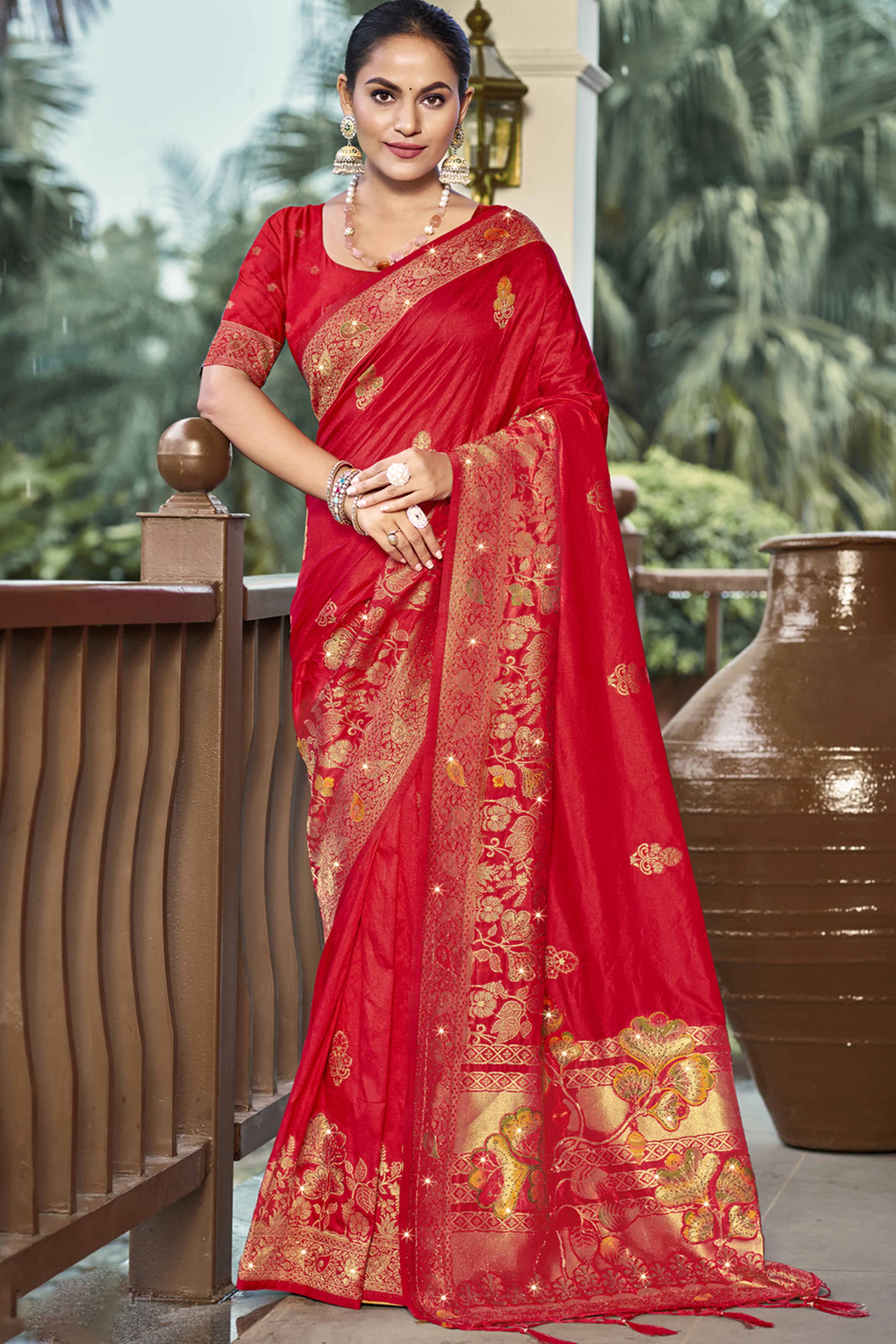 Red Floral Woven With Swarovski Work Pure Silk Saree With Tassels