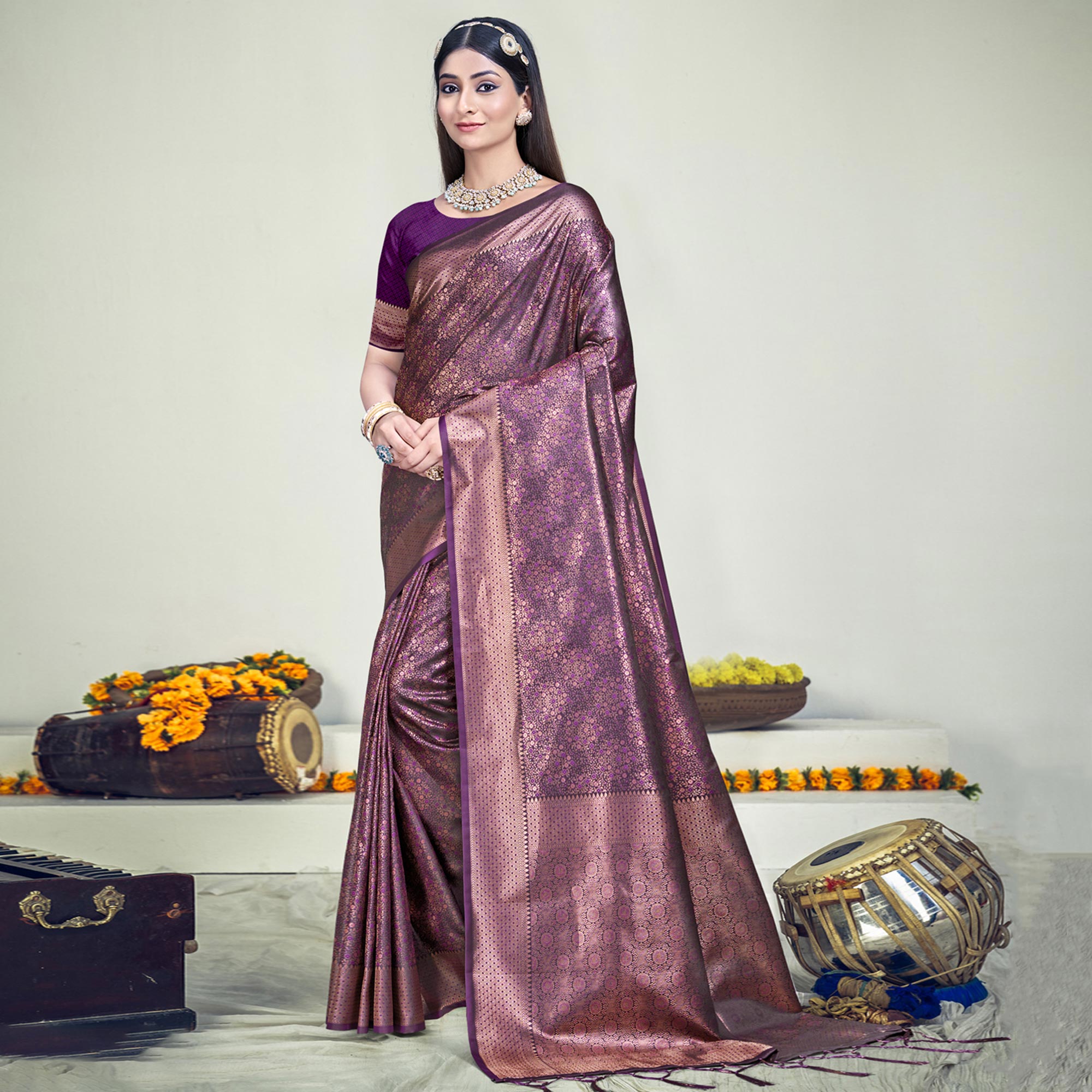 Purple Floral Woven Banarasi Silk Saree With Tassels