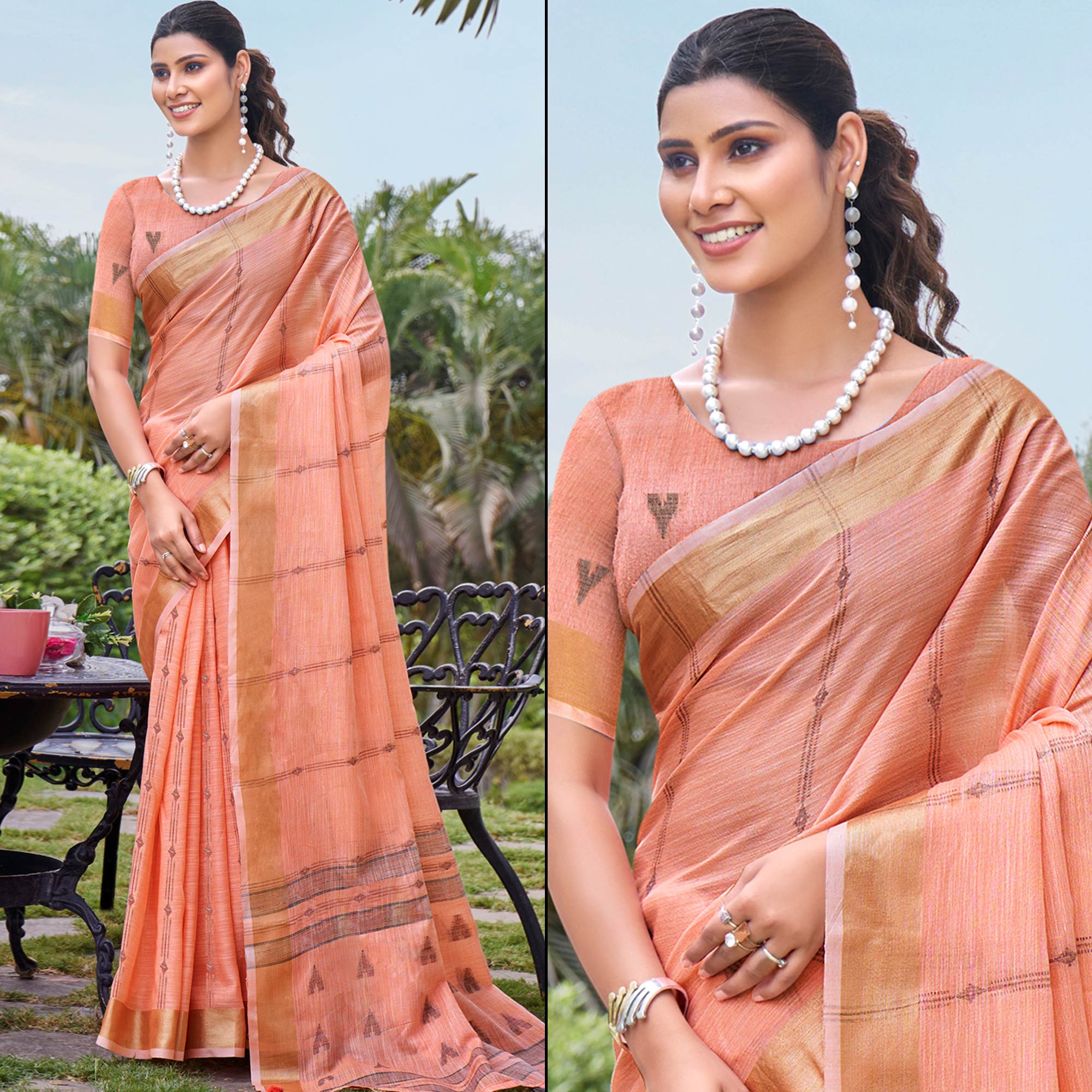 Peach Woven Cotton Blend Saree With Tassels