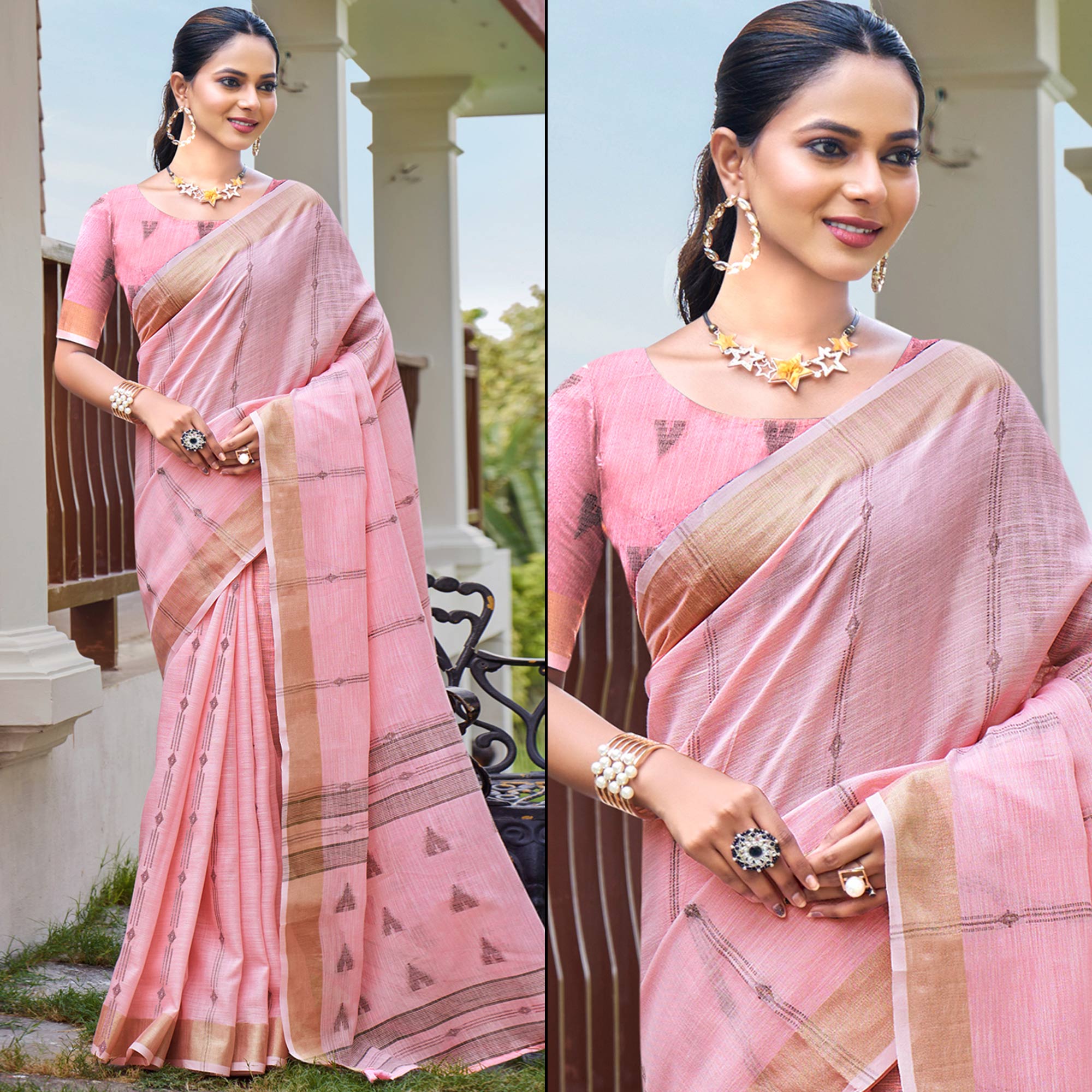 Pink Woven Cotton Blend Saree With Tassels