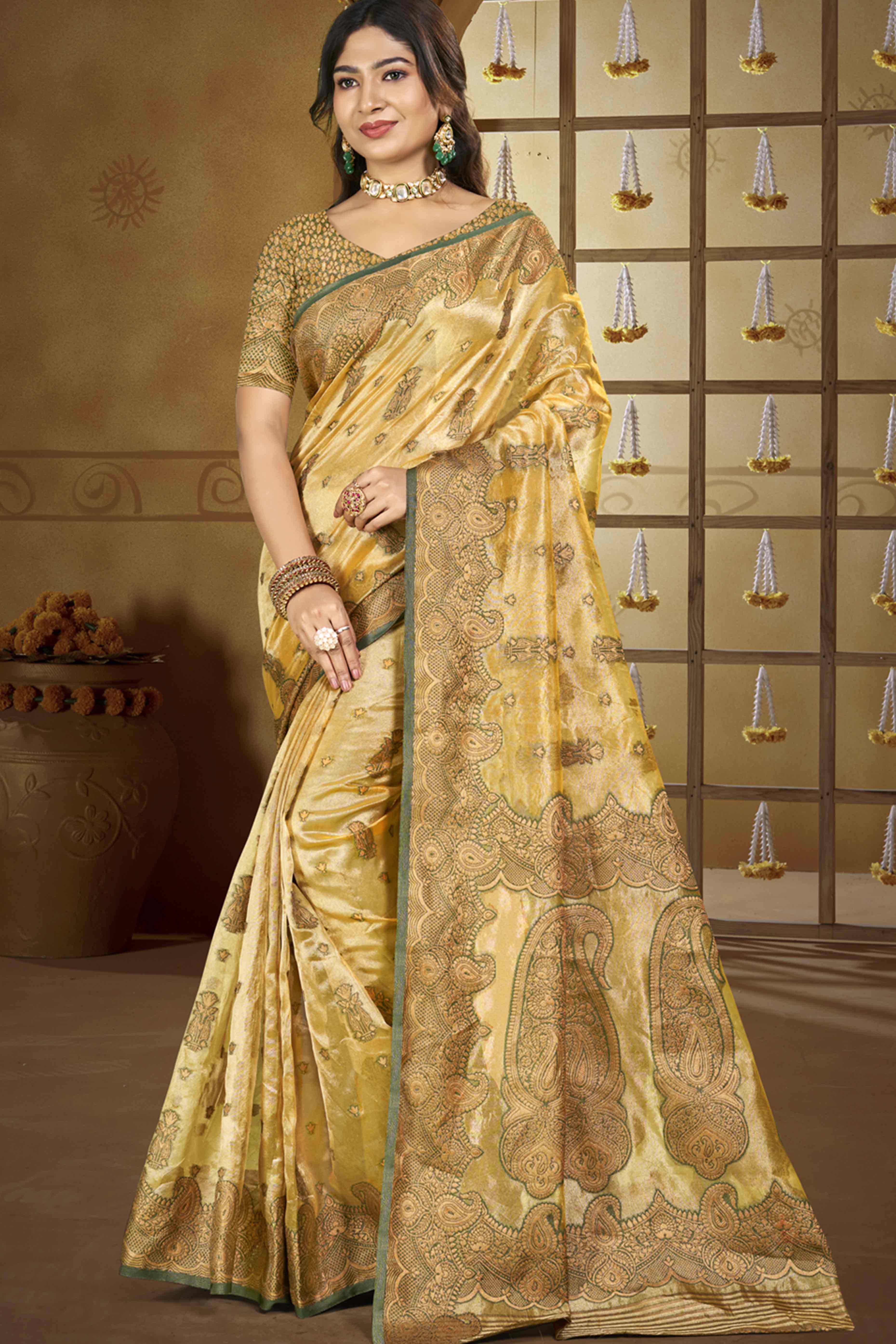 Golden Paisley Pattern Woven Organza Silk Saree