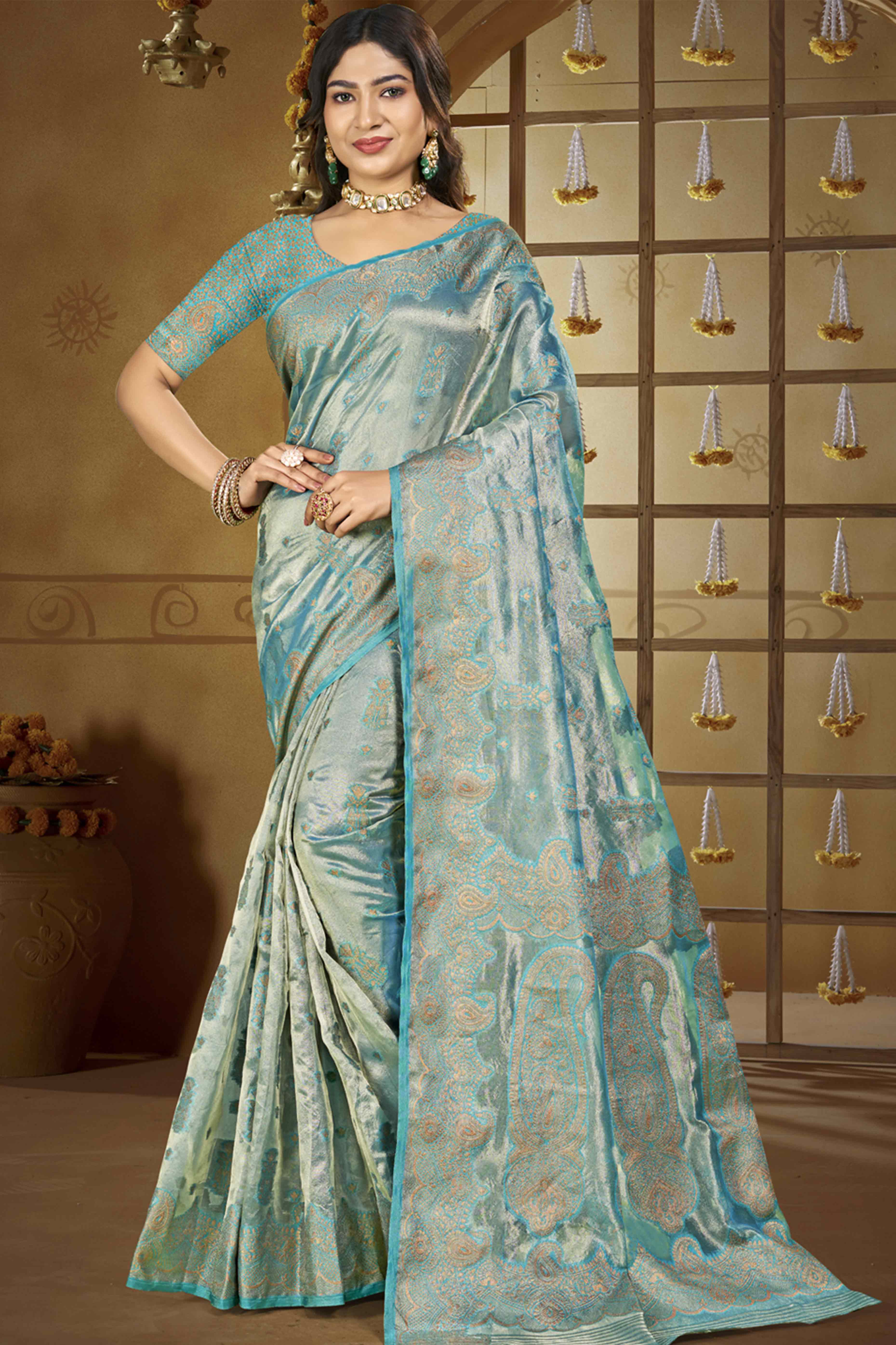 Blue Paisley Pattern Woven Organza Silk Saree
