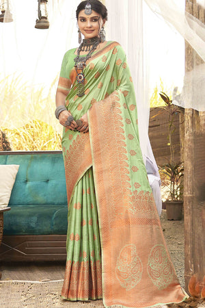 Graceful Green Onion Pink Banarasi Silk Saree With Floral Zari Weaving Work