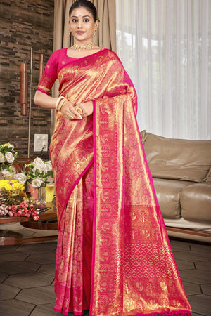 Premium Rani Pink Floral and Peacock Motif Woven Kanjivaram Silk Saree With Tassel Pallu