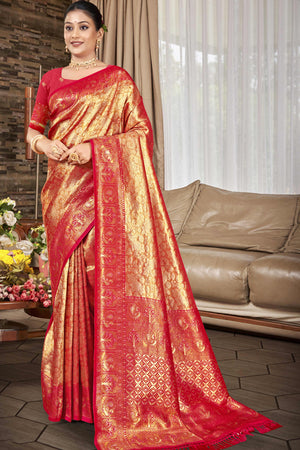 Premium Pink Floral and Peacock Motif Woven Kanjivaram Silk Saree With Tassel Pallu