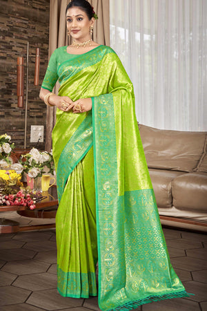 Premium Green Floral and Peacock Motif Woven Kanjivaram Silk Saree With Tassel Pallu