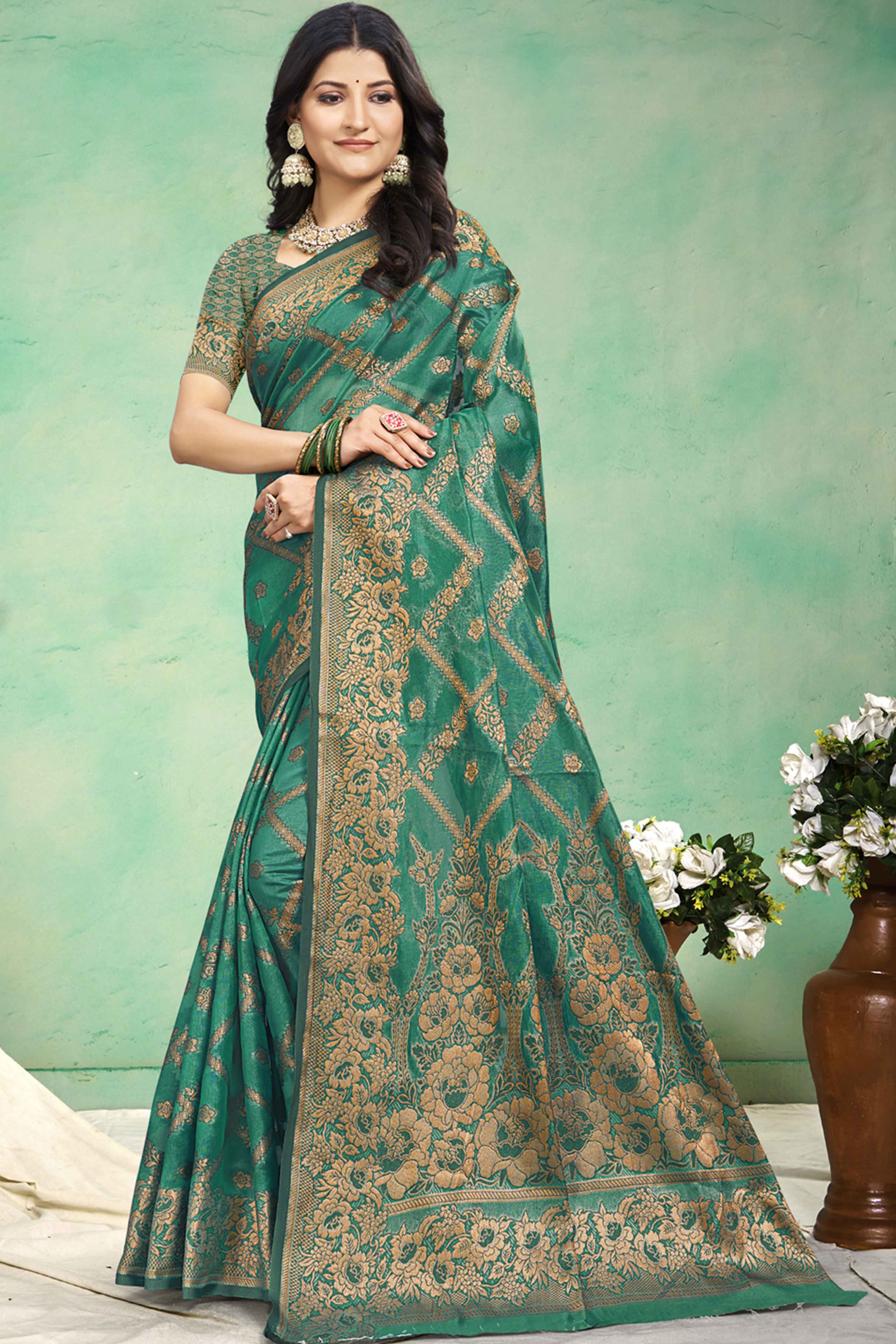 Rama Green Floral Woven Cotton Silk Saree