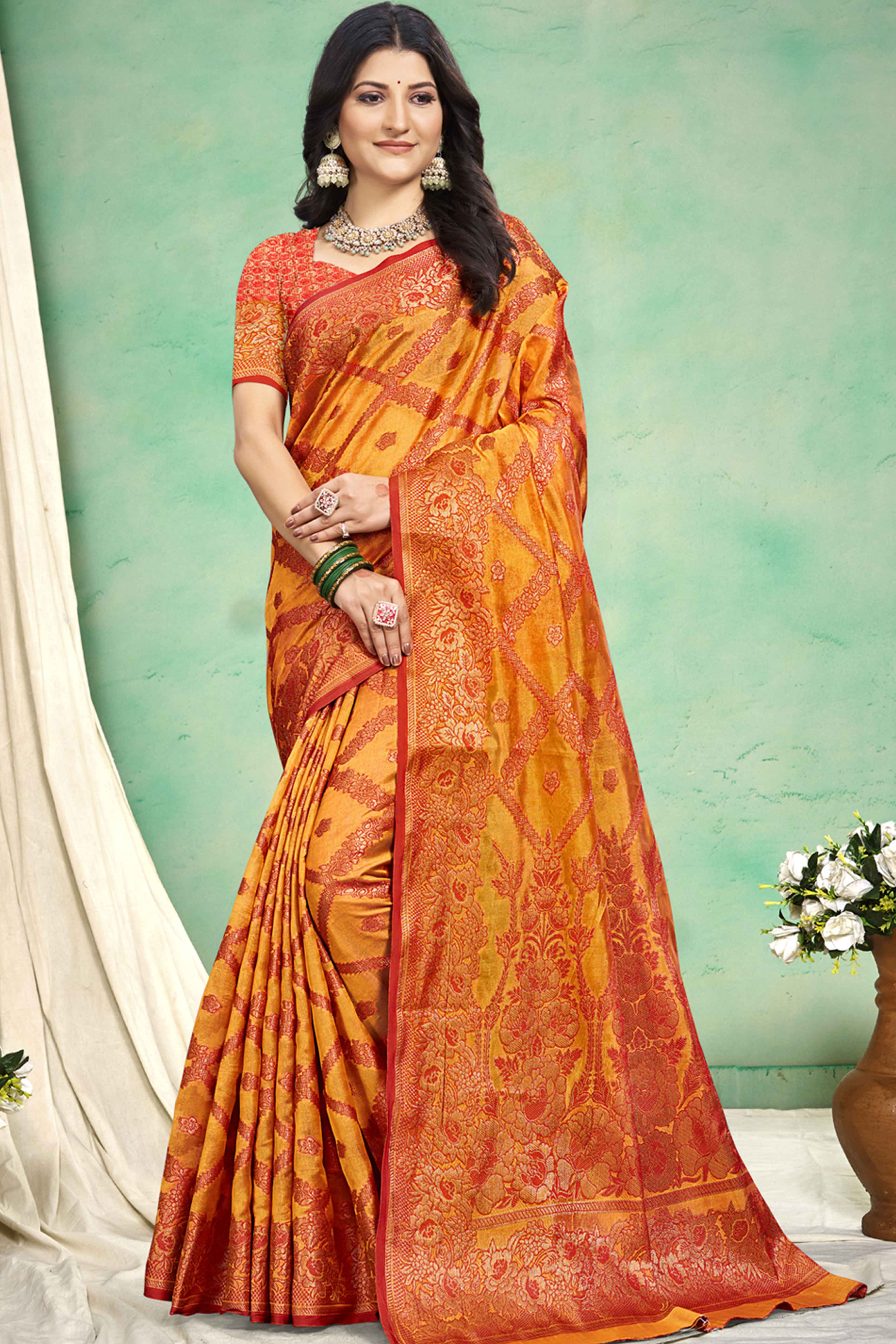 Mustard Floral Woven Cotton Silk Saree