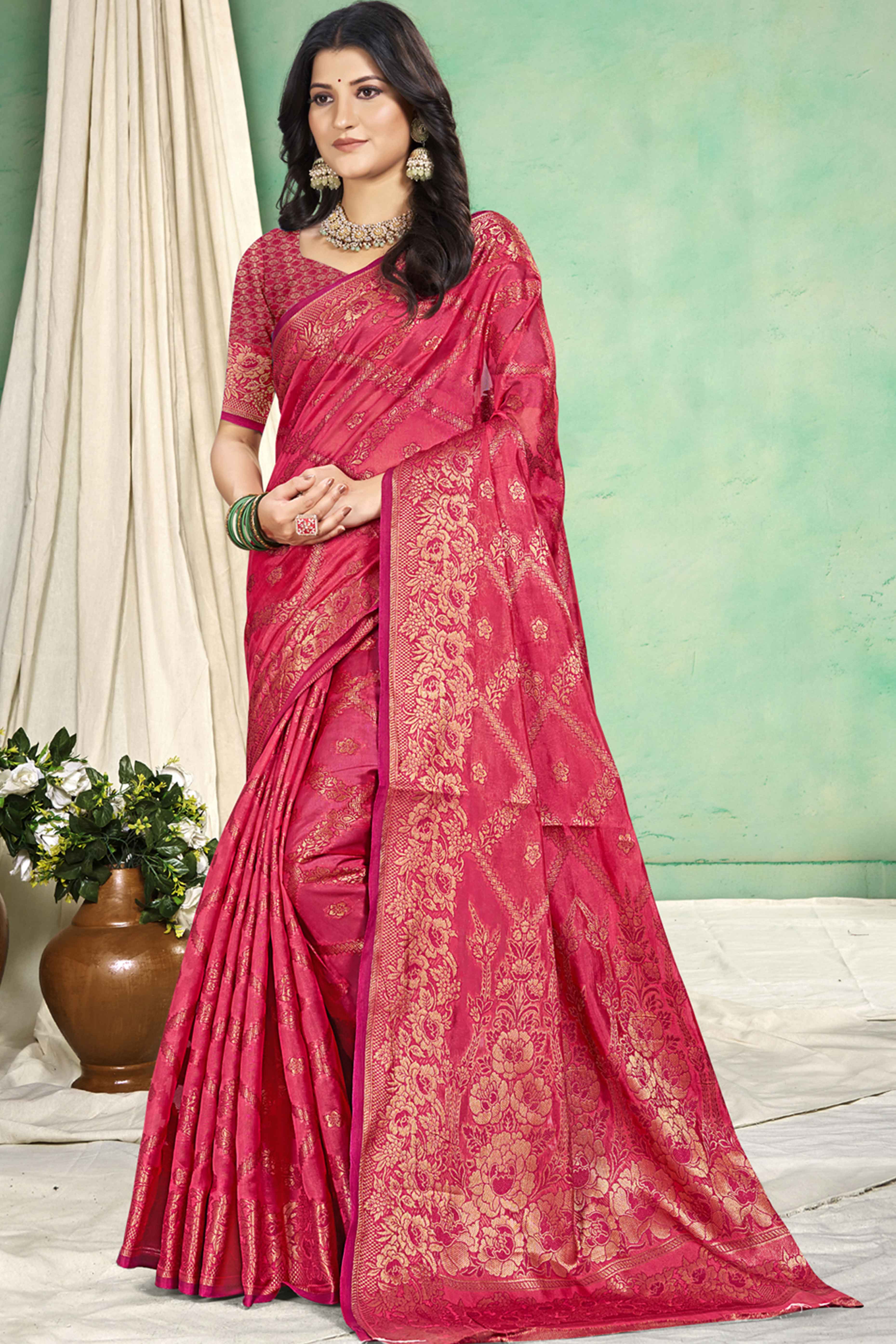 Pink Floral Woven Cotton Silk Saree