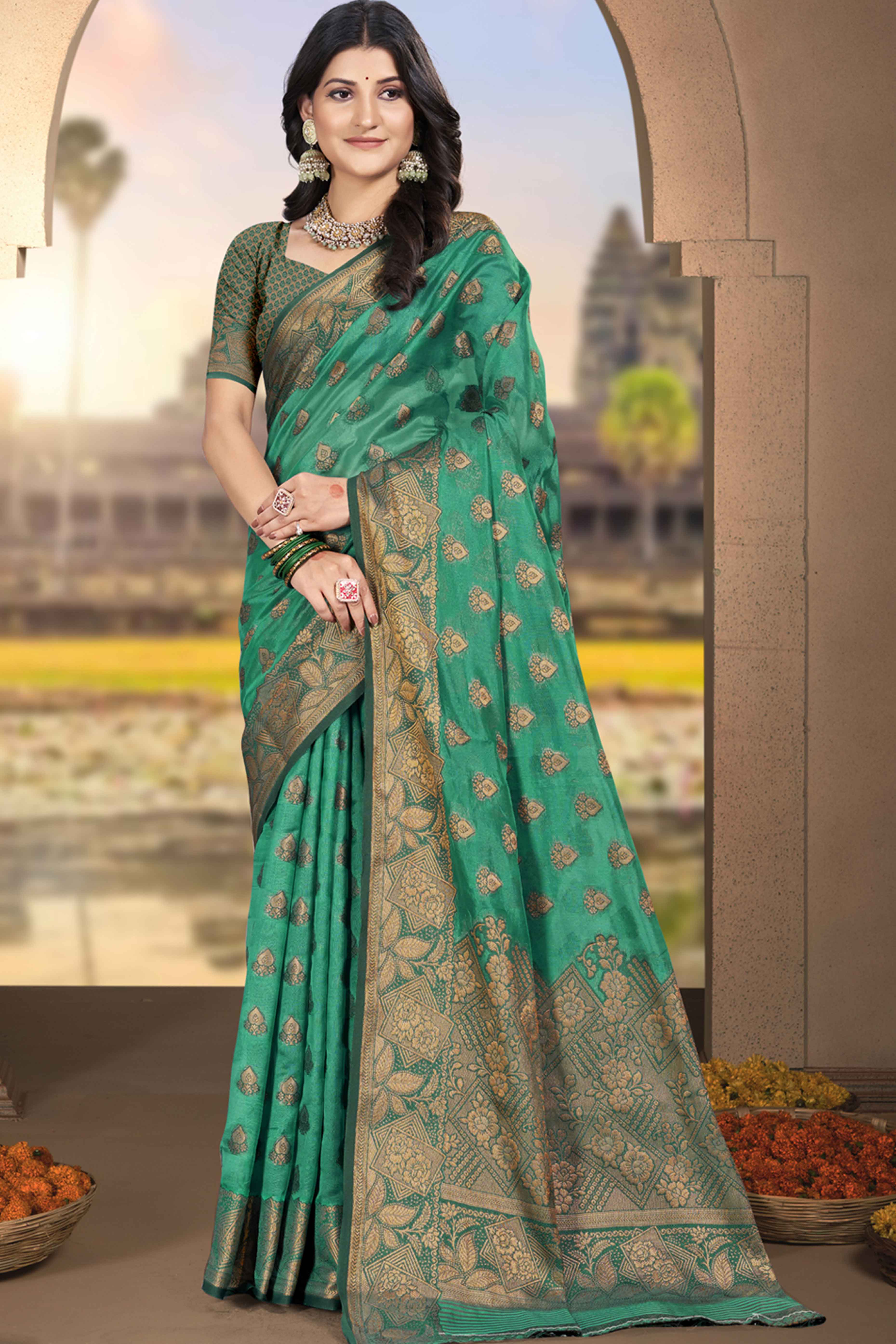 Rama Green Floral Woven Cotton Silk Saree