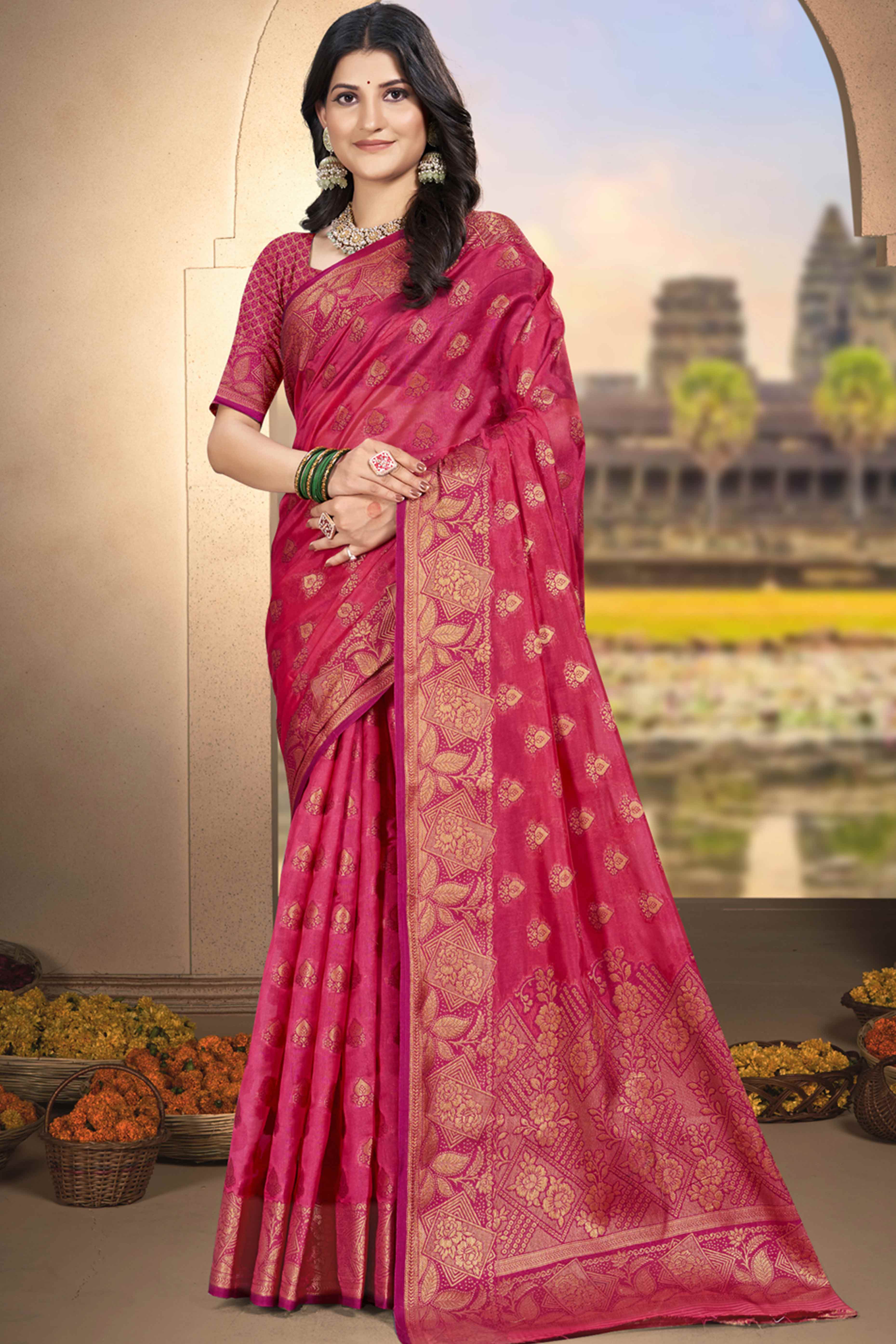 Pink Floral Woven Cotton Silk Saree