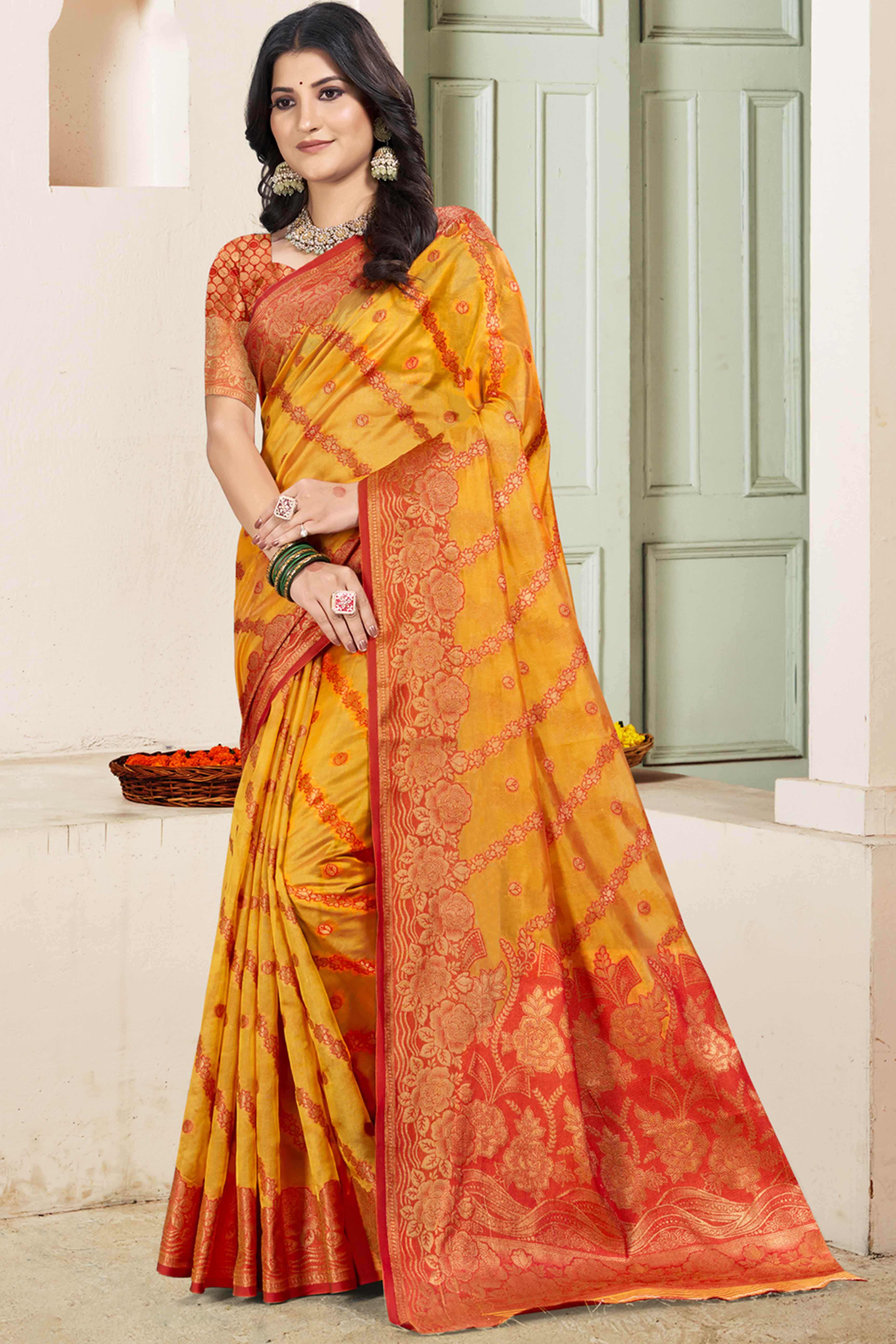 Yellow Floral Woven Cotton Silk Saree
