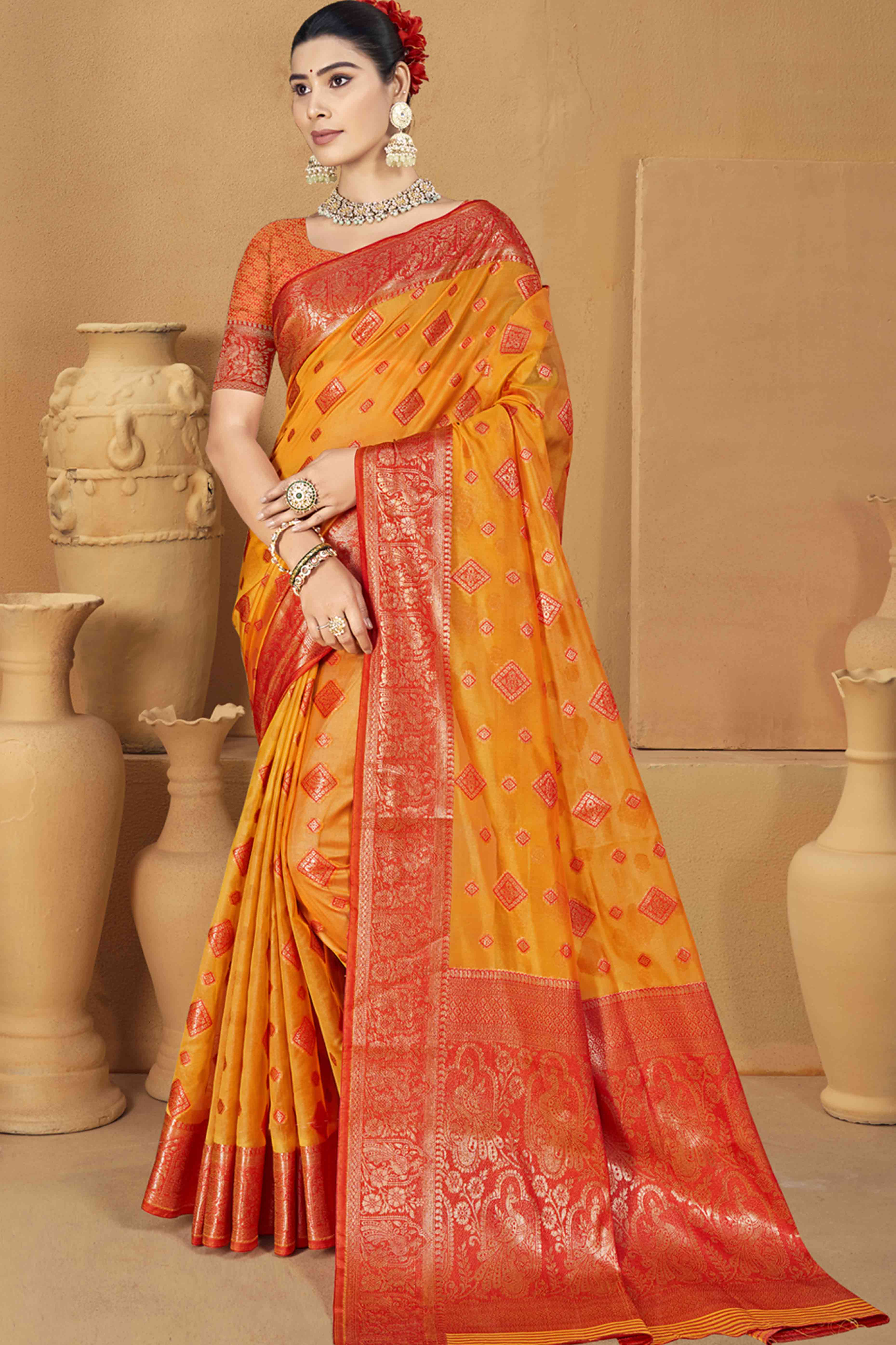 Orange Floral & Peacock Pattern Zari Woven Banarasi Silk Saree