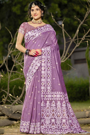 Purple Woven Linen Cotton Saree With Tassels