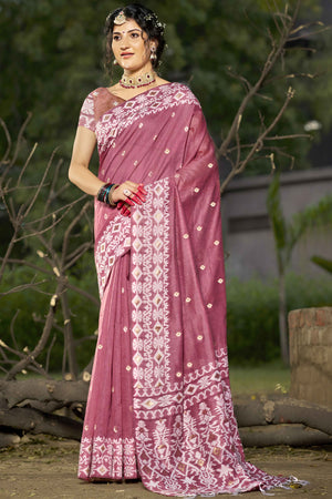 Pink Woven Linen Cotton Saree With Tassels