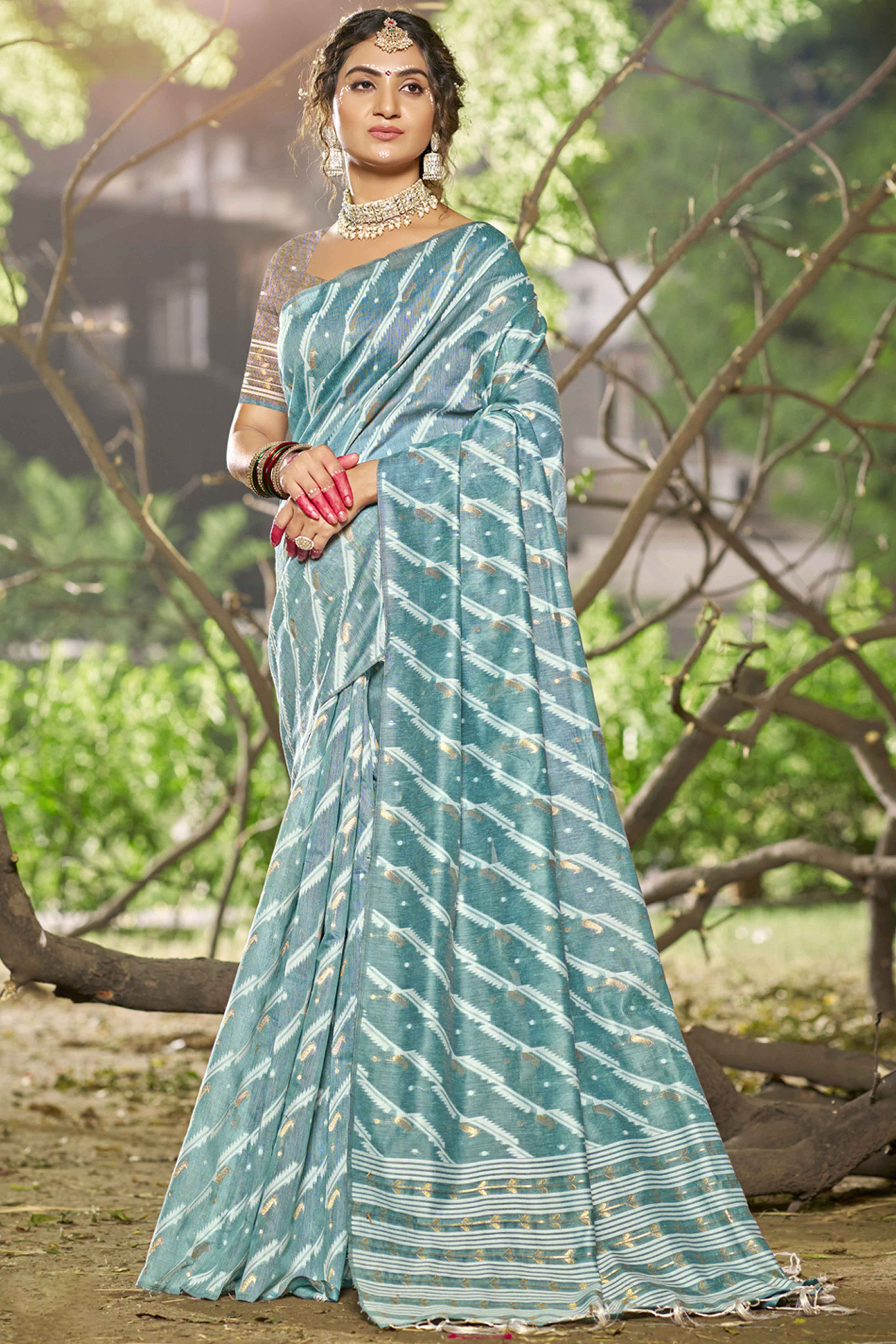 Blue Printed With Woven Linen Cotton Saree With Tassels