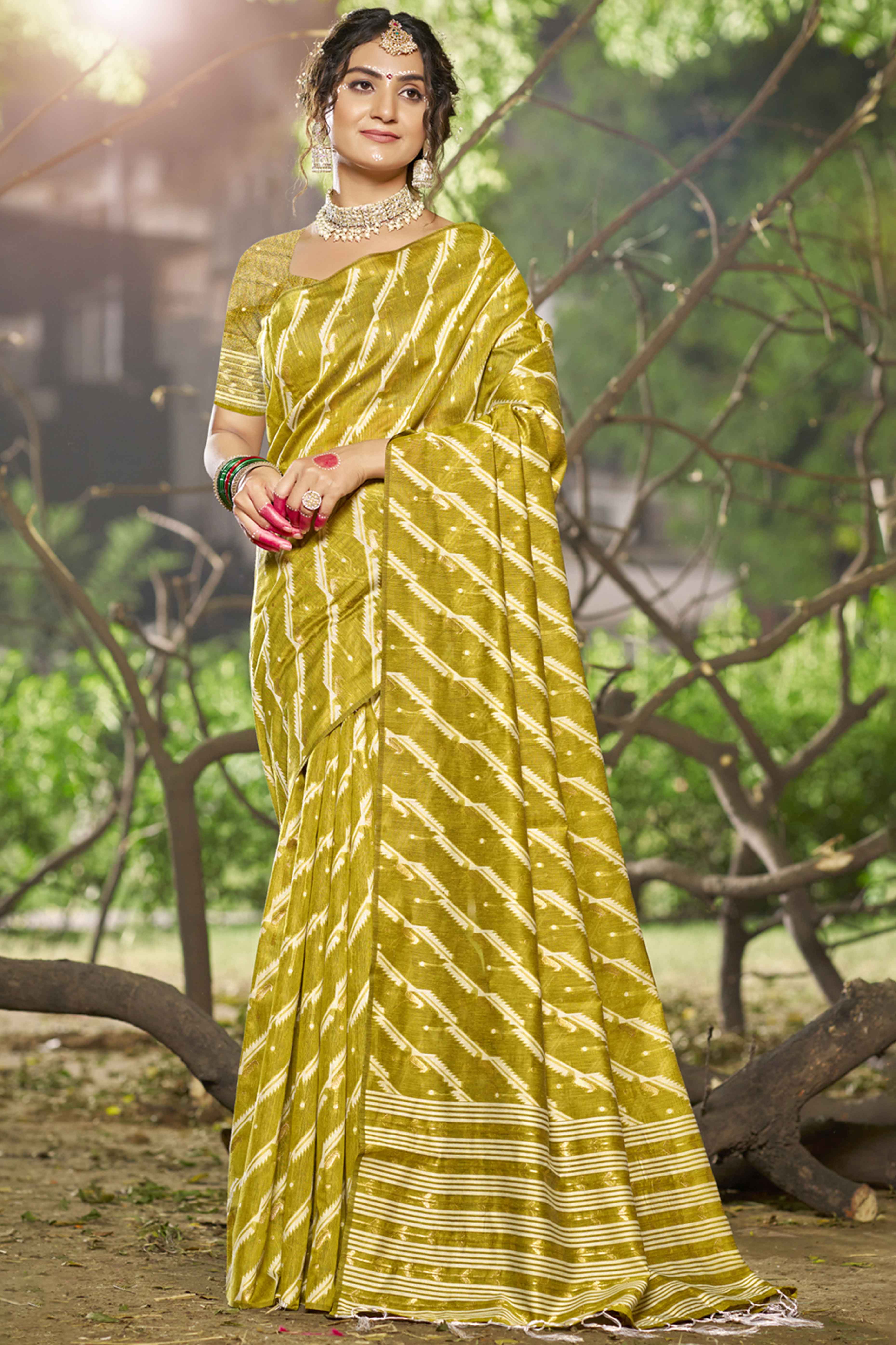 Olive Printed With Woven Linen Cotton Saree With Tassels