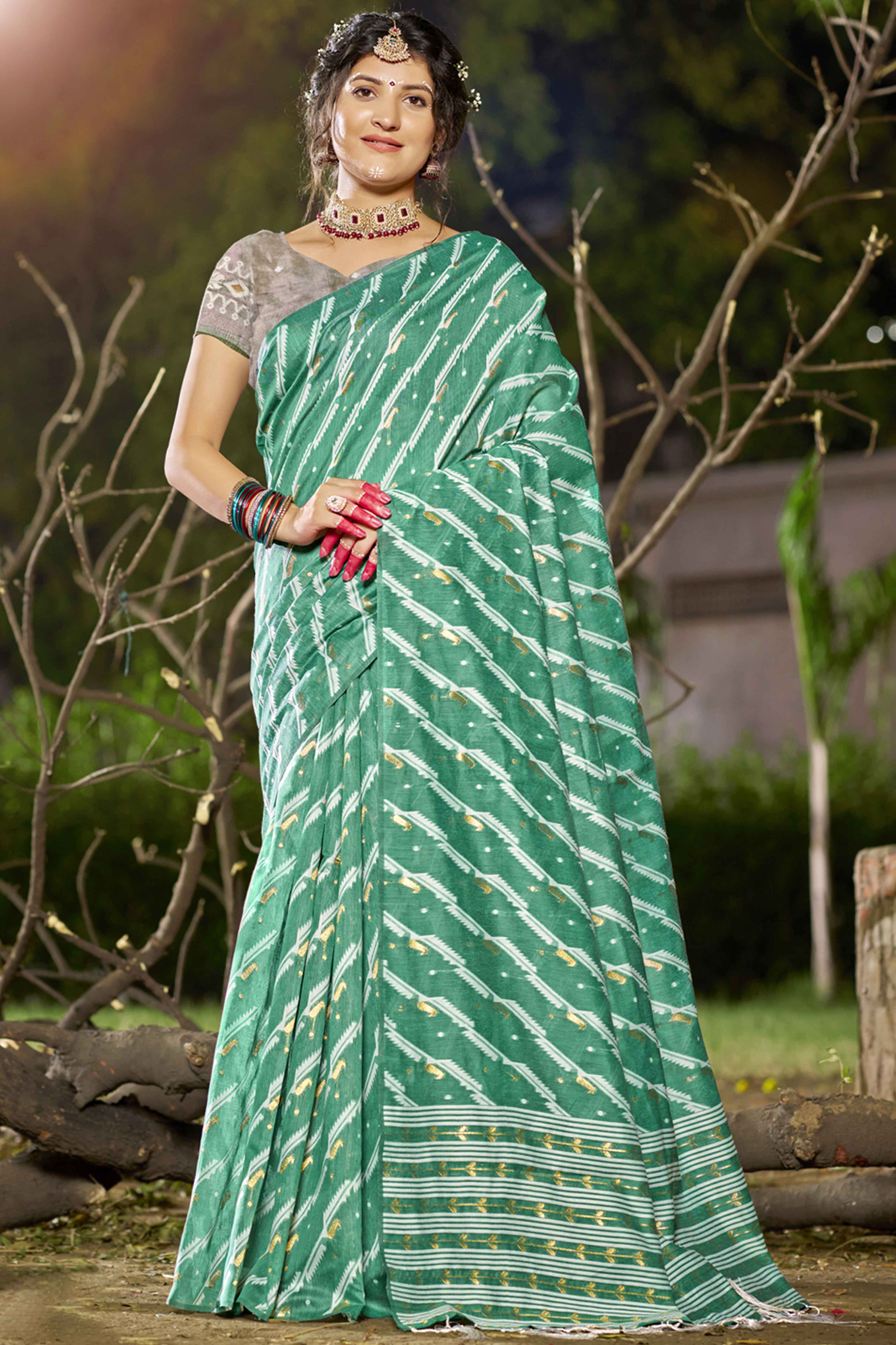 Rama Green Printed With Woven Linen Cotton Saree With Tassels