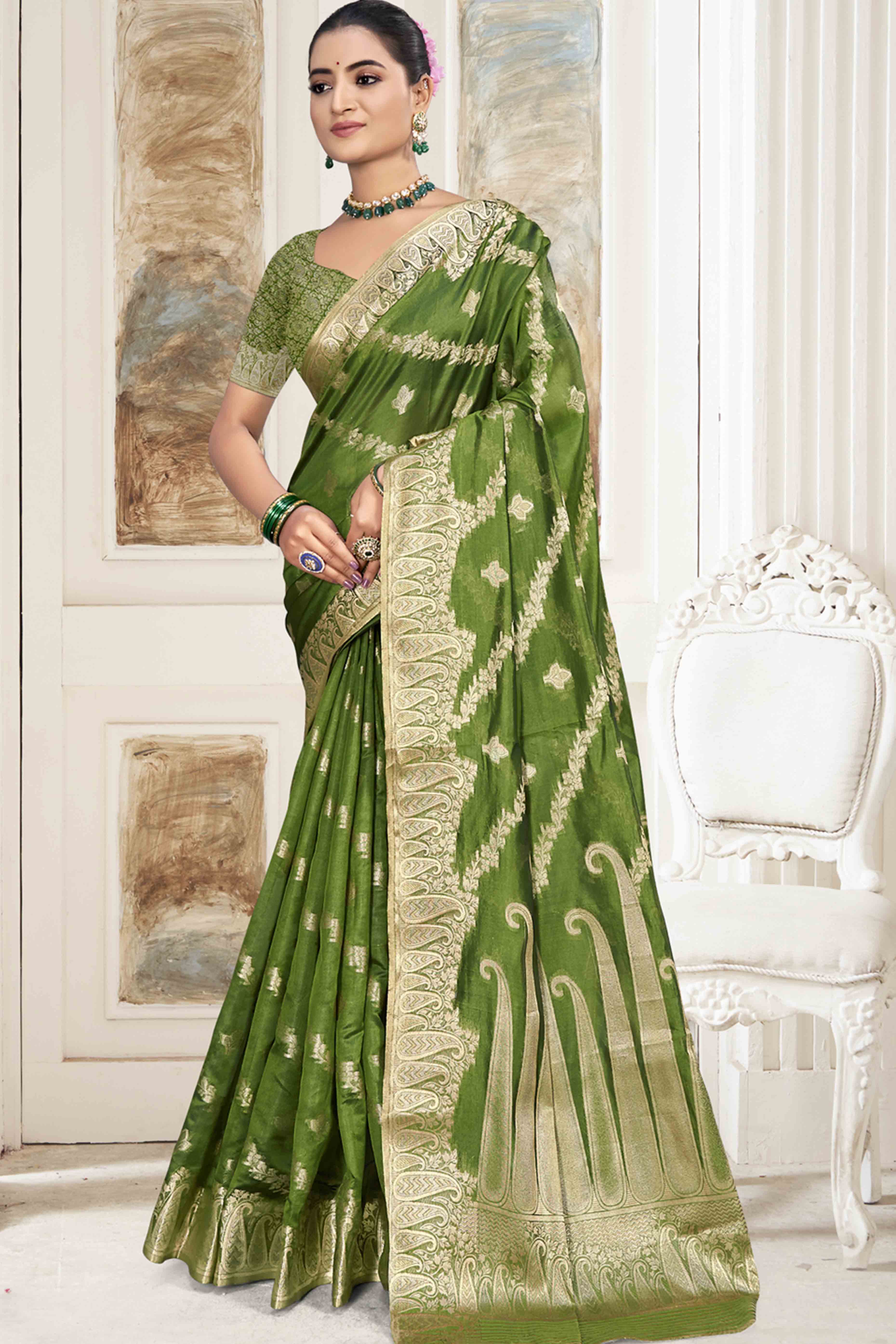 Green Floral With Paisley Pattern Zari Woven Organza Saree