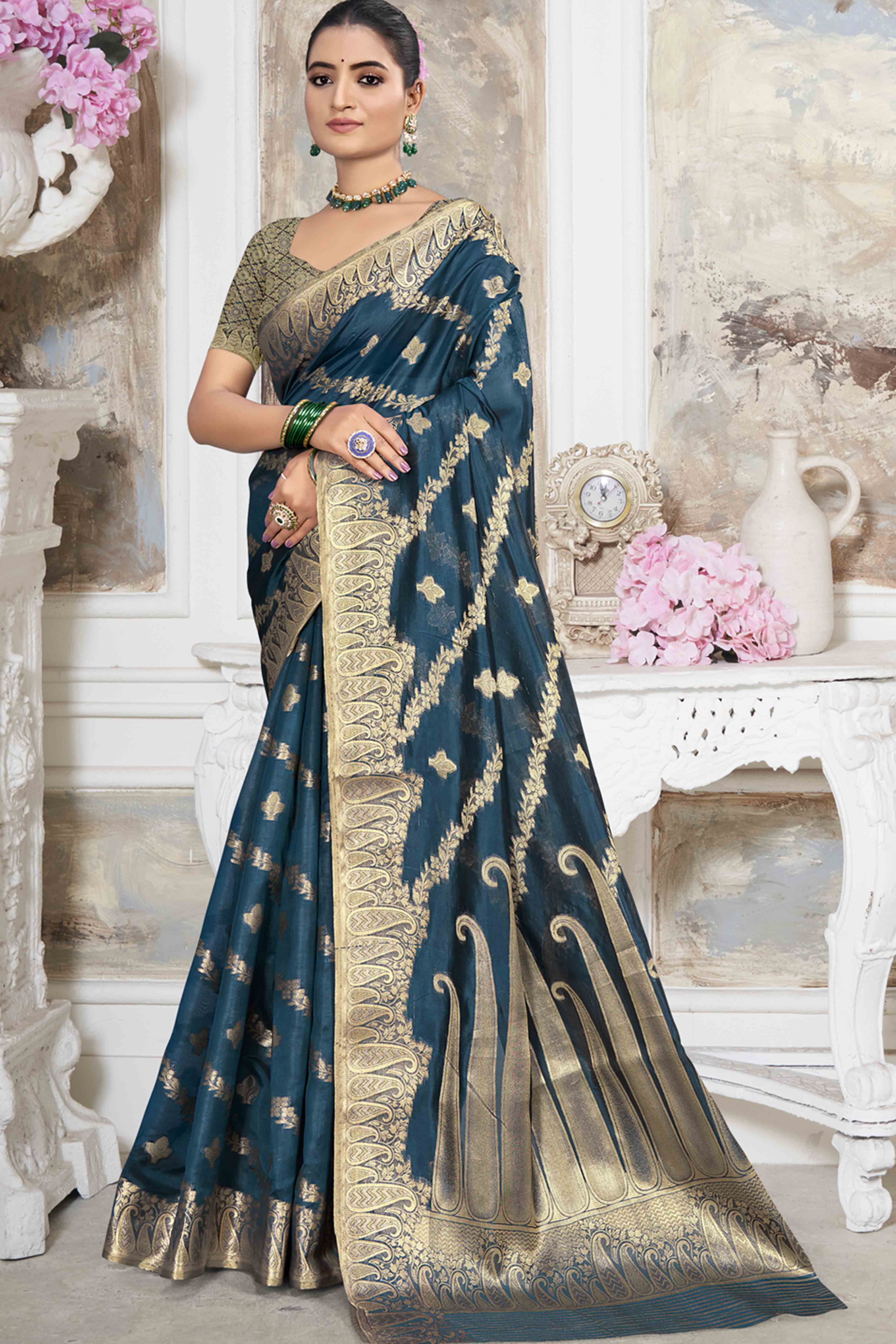 Blue Floral With Paisley Pattern Zari Woven Organza Saree