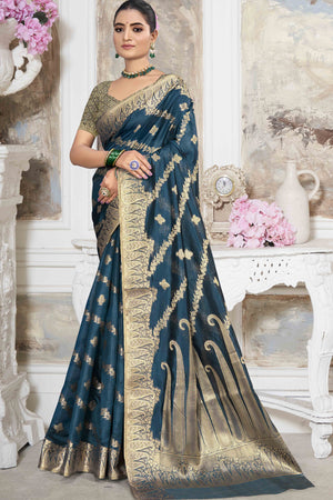 Blue Floral With Paisley Pattern Zari Woven Organza Saree
