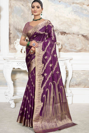 18Wine Floral With Paisley Pattern Zari Woven Organza Saree