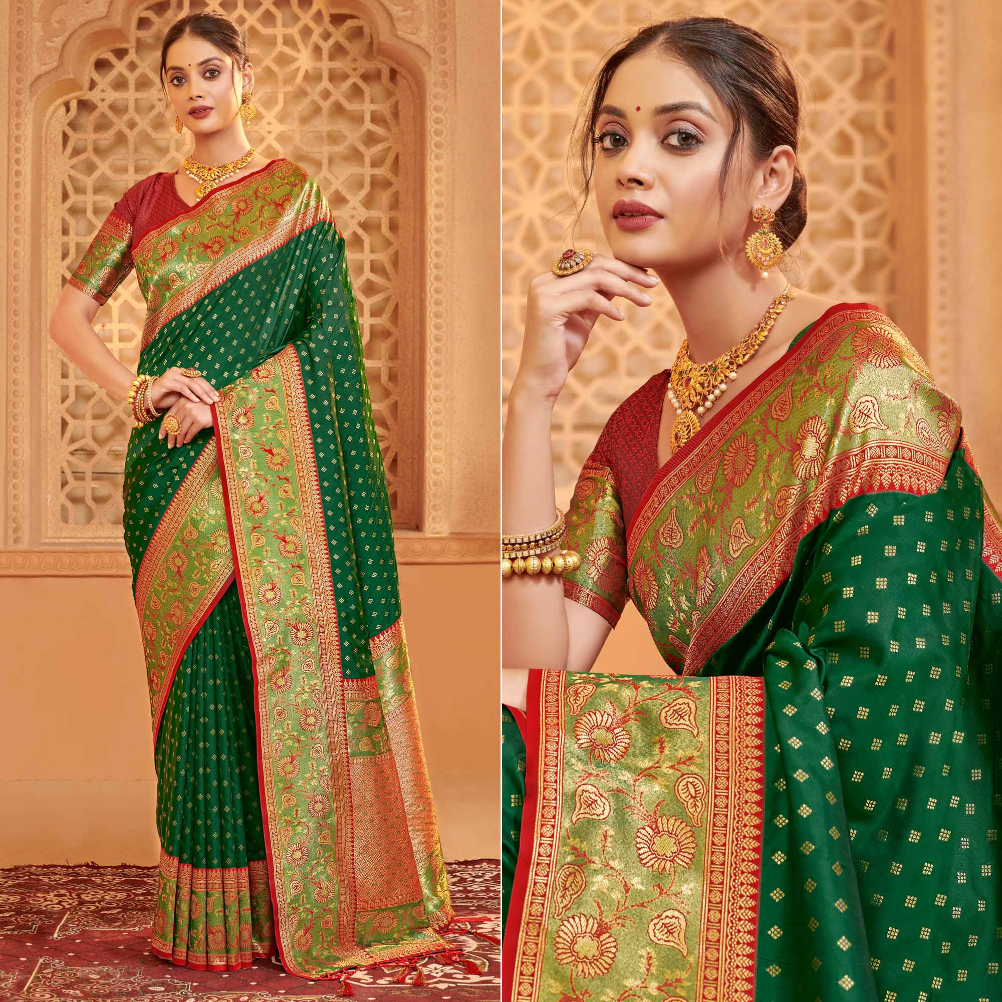 Green Floral Woven Banarasi Silk Saree With Tassels