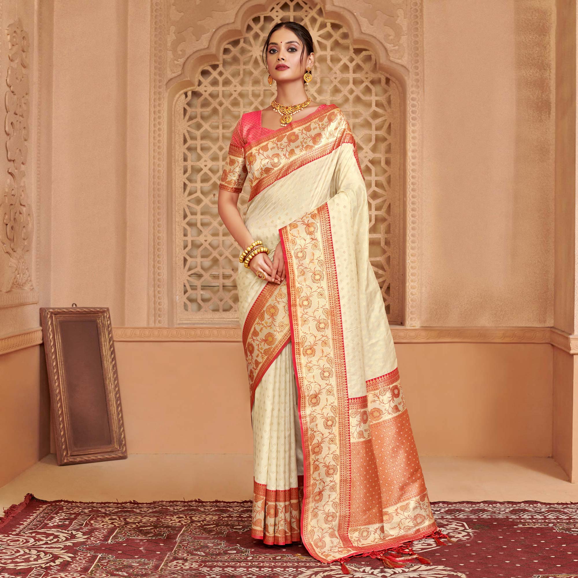 Off White Floral Woven Banarasi Silk Saree With Tassels